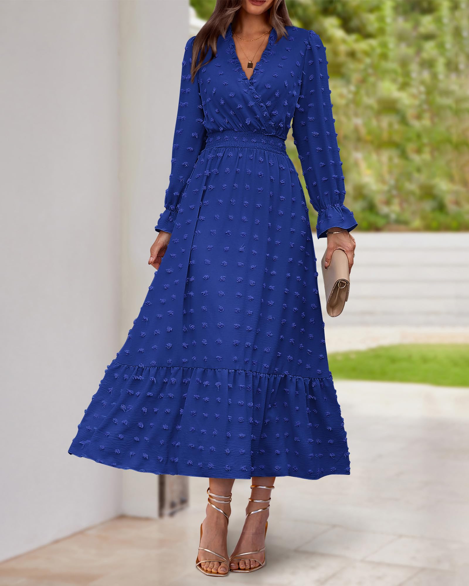 FreshPretty Women Fall Maxi Dresses Long Sleeve V Neck Swiss Dots High Waisted A-Line Ruffle Boho Long Dress Vacation