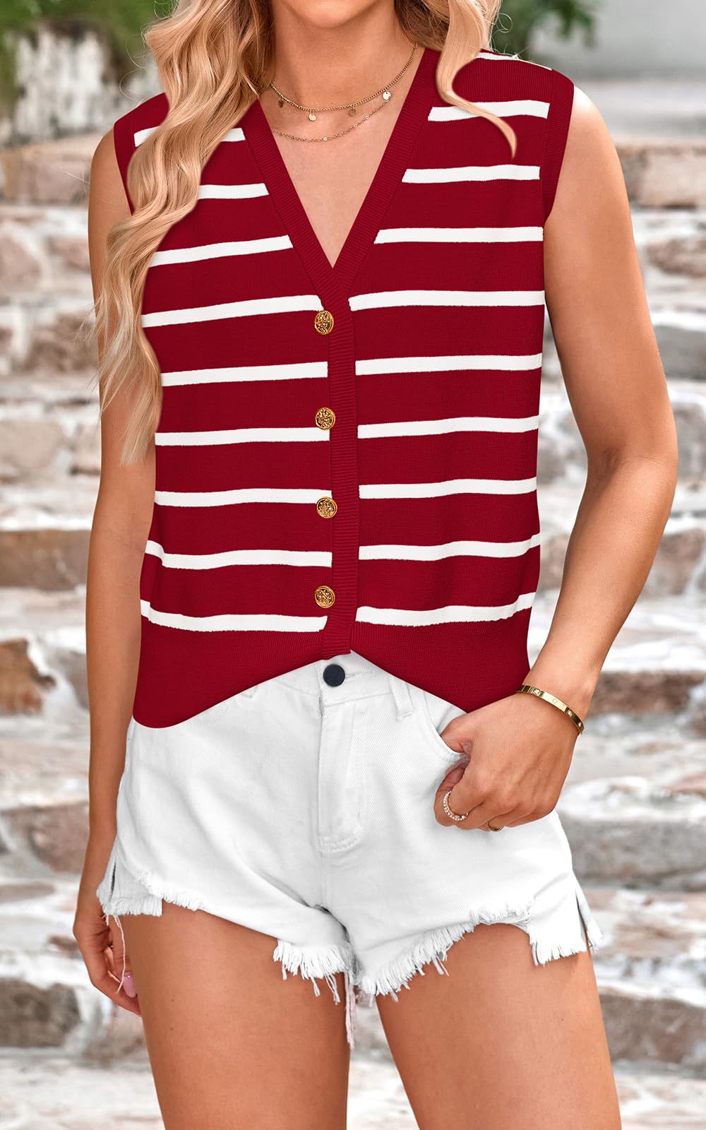 FreshPretty Women's Trendy Striped Sweater Vest V Neck Sleeveless Button Up Tank Tops Y2k Shirts Casual Business Summer Outfits