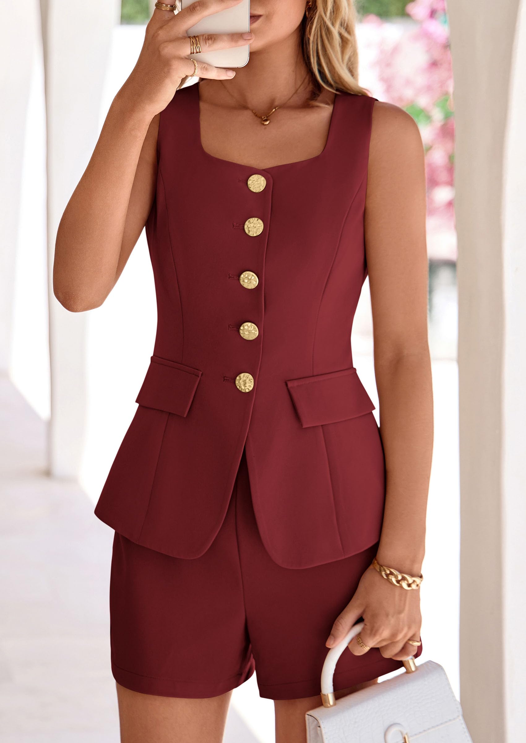 PRETTYGARDEN Womens 2 Piece Matching Sets  Fashion Suit Vest Tops Shorts Set Spring Business Casual Vacation Outfits