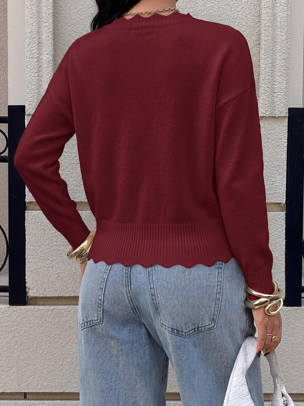 BTFBM Fall Long Sleeve Sweaters for Women | V Neck,Drop Shoulders,Scallop Edges,Lightweight Knit Sweaters Top,Daily Wear,Holiday,Christmas,Winter Clothing