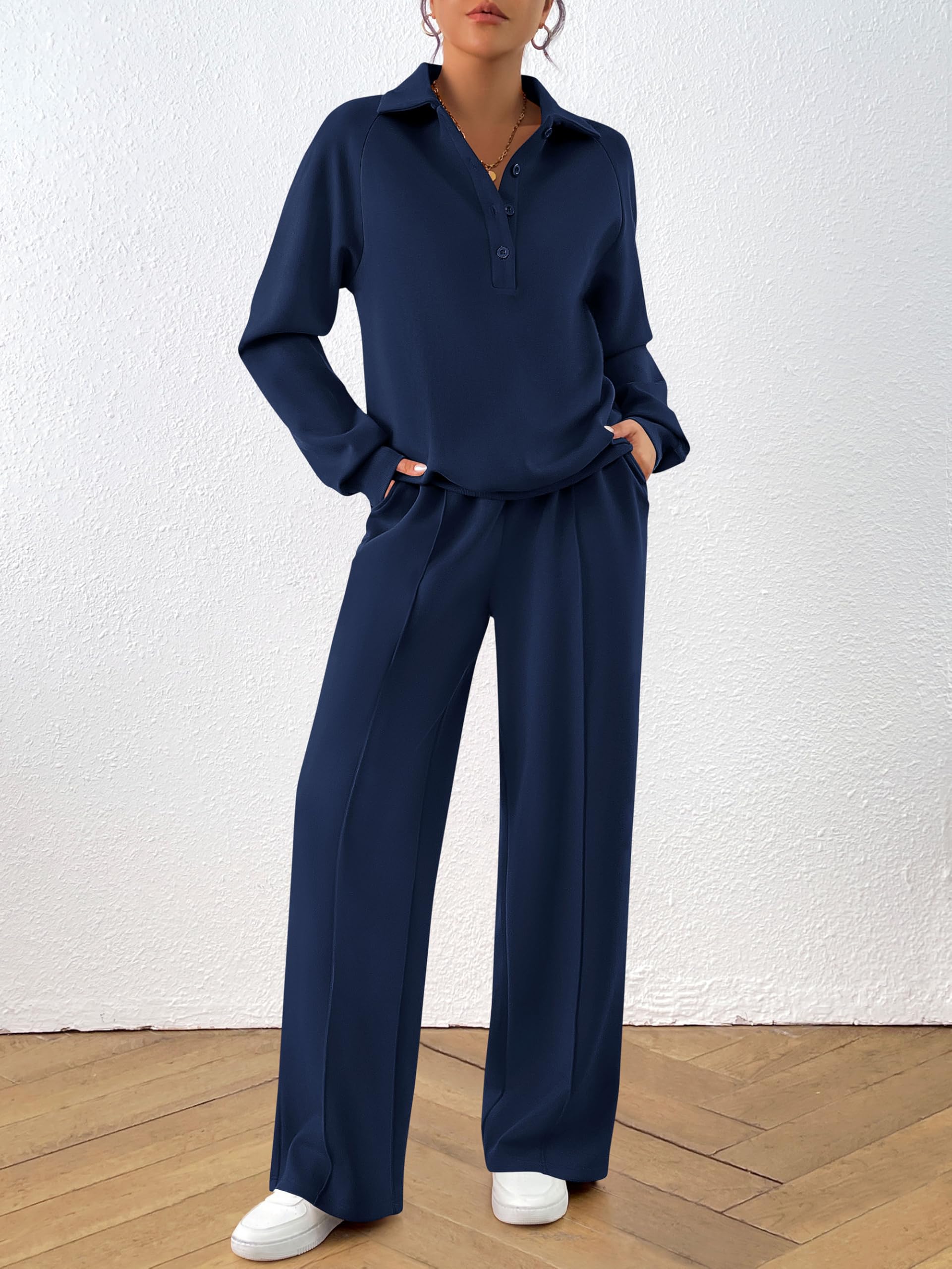 PRETTYGARDEN Women Fall 2 Piece Outfits Sweatsuits Lounge Sets Quarter Button Long Sleeve Sweatshirt, Wide Leg Sweat Pants, Casual 2 Piece Sets Tracksuit, Airport Travel Outfits for Women
