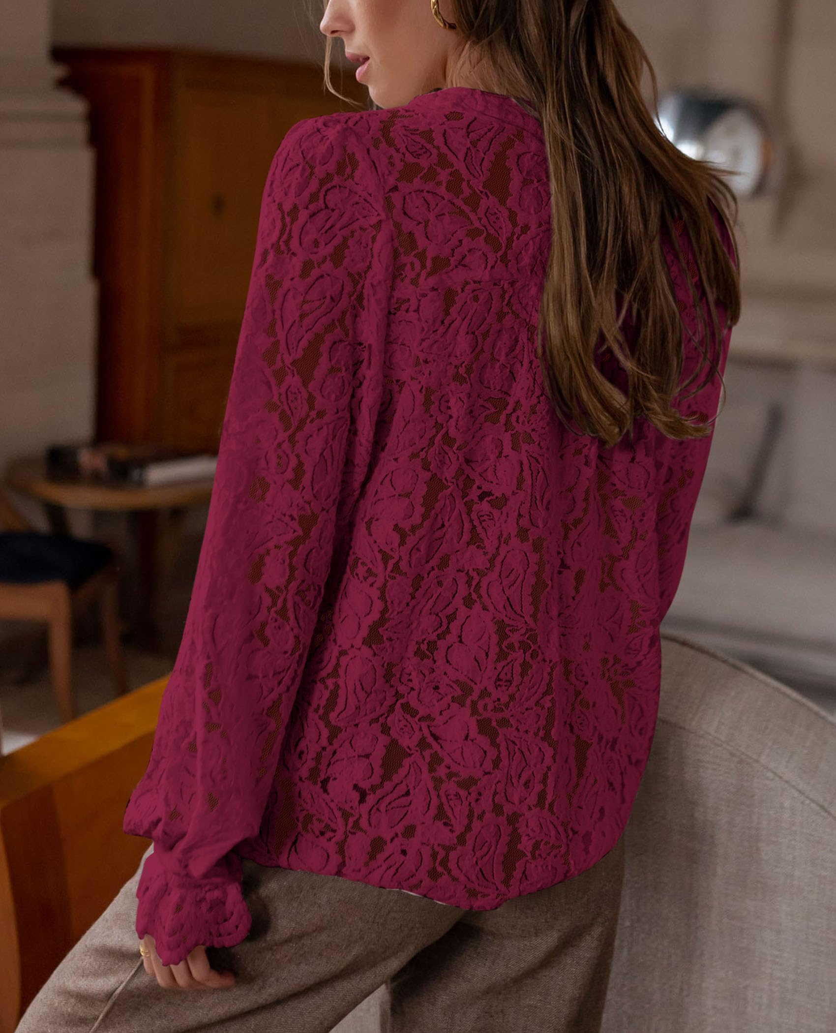 PRETTYGARDEN Women's Dressy Casual Lace Blouse Long Sleeve Button Up Shirts Tops Spring Fall Fashion Clothes