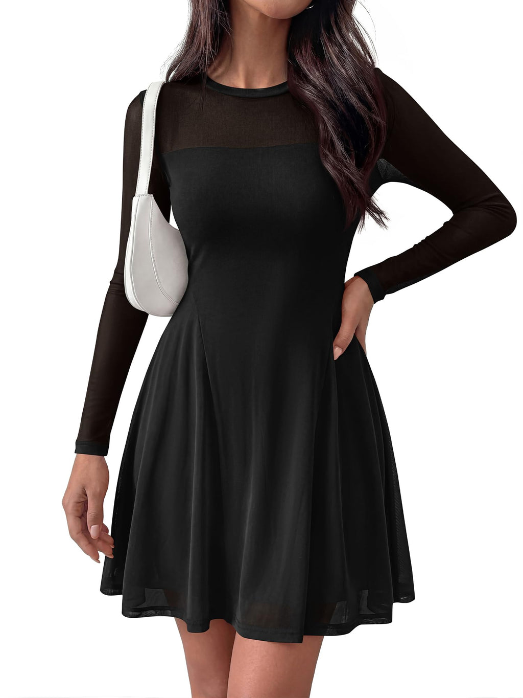 BTFBM Women’s Mini Dress Sheer Mesh Long Sleeve Crew Neck Flowy A Line Casual Cocktail Party Going Out Dresses Fall