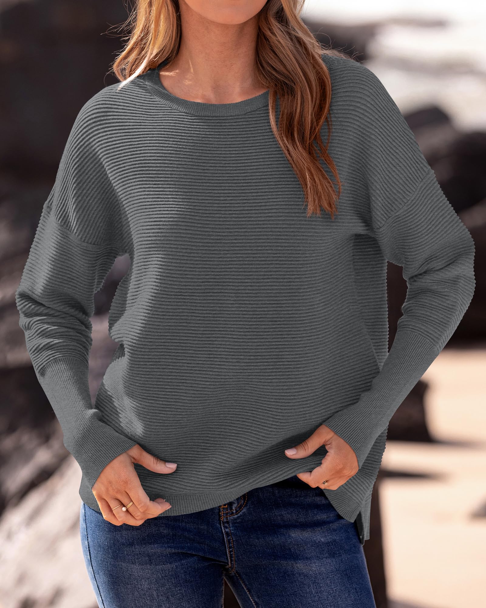 FreshPrettyFall Sweaters for Women Casual Long Sleeve Sweater Striped Loose Fit Pullover Tops