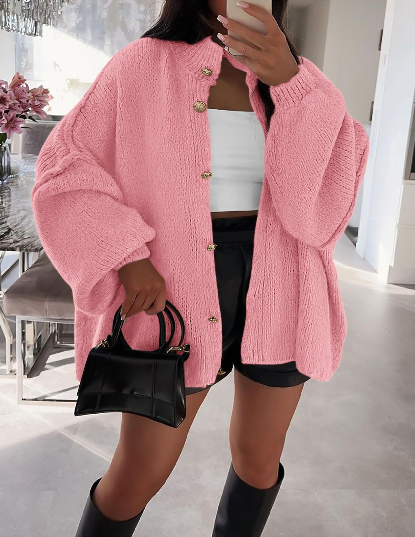 PRETTYGARDEN Women's Winter Button Down Cardigan Sweaters Mock Neck Lantern Long Sleeve Chunky Knit Jacket Trendy Outerwear