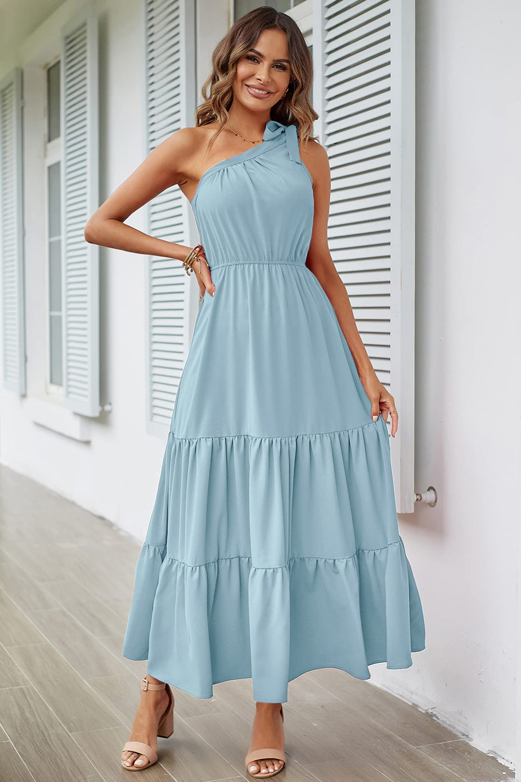 PRETTYGARDEN Women's Summer Floral One Shoulder Maxi Dress Knot Ruffle Boho Beach Vacation Wedding Guest Long Sun Dresses