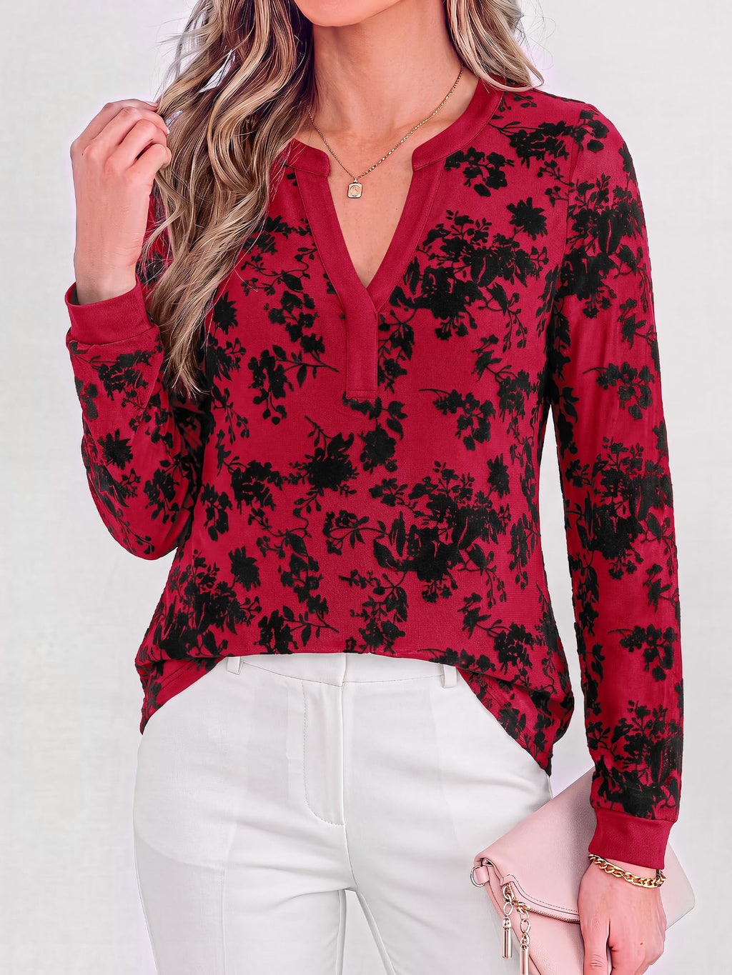 BTFBM Womens Tops Floral Sheer Mesh Long Sleeve Blouses Dressy Casual V Neck Flocked Mesh Shirts,Velvet-Like Flowers,Double Layered,Loose Fit Tunics,Business Casual Top,Fall Fashion Clothing