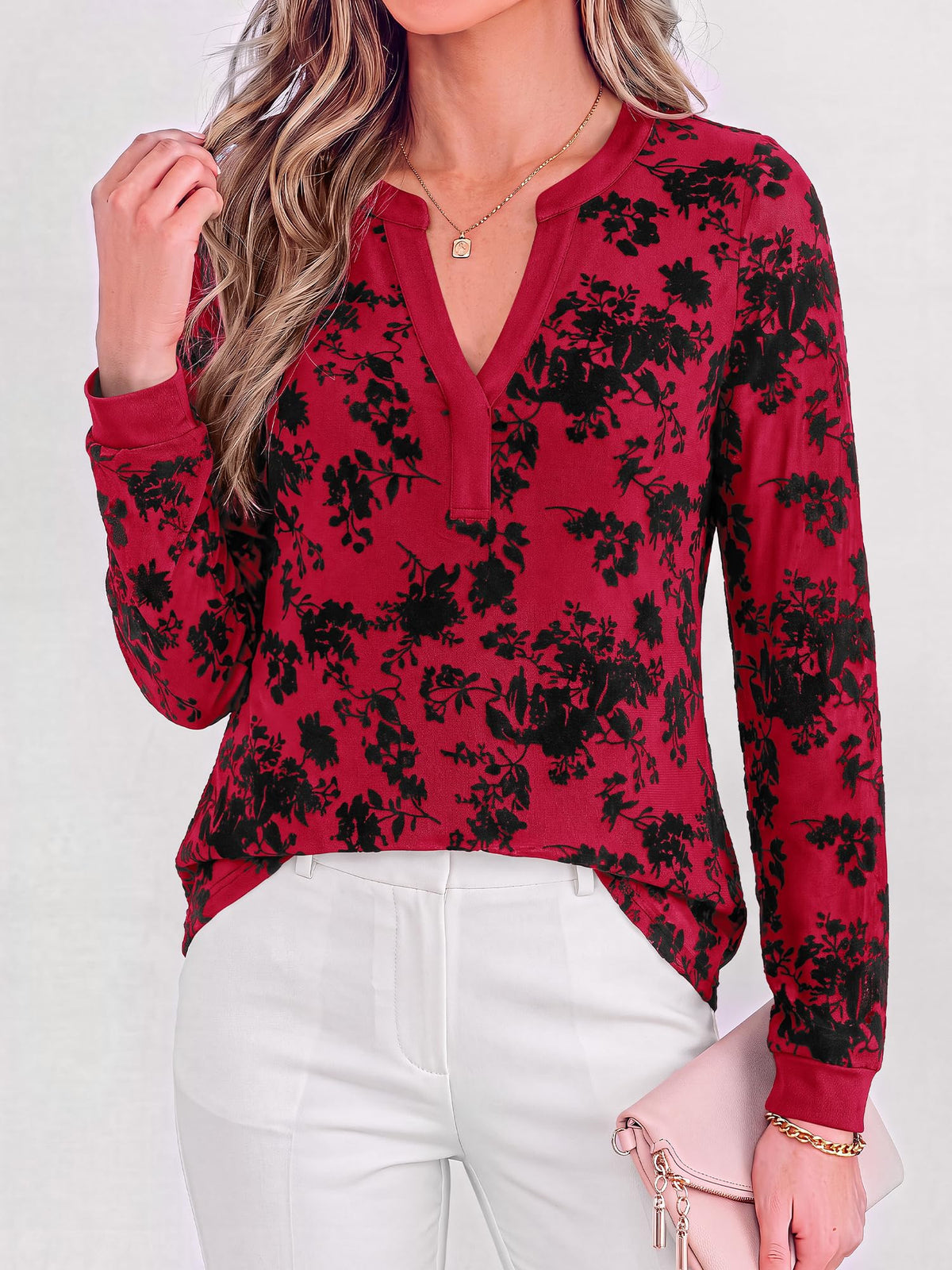 BTFBM Womens Tops Floral Sheer Mesh Long Sleeve Blouses Dressy Casual V Neck Flocked Mesh Shirts,Velvet-Like Flowers,Double Layered,Loose Fit Tunics,Business Casual Top,Fall Fashion Clothing