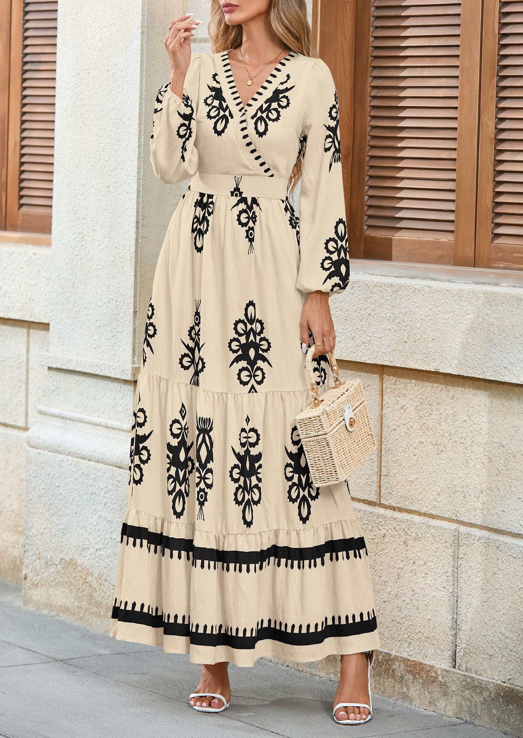 PRETTYGARDEN Women's Fall Wedding Guest Dresses Boho Floral Long Sleeve V Neck Flowy Elegant Maxi Dress Beach Clothes