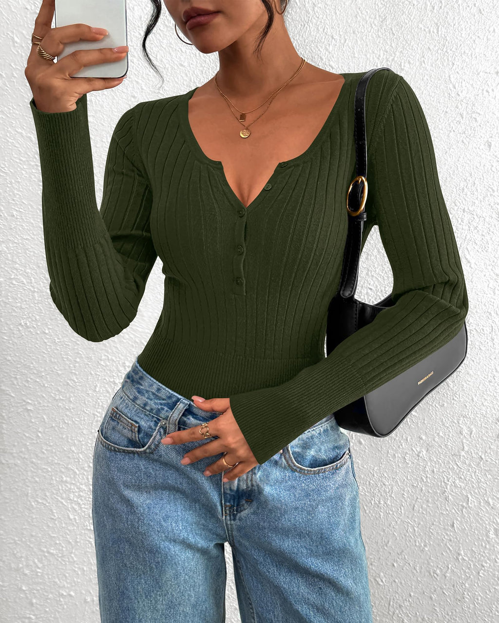 FreshPretty Fall Sweaters for Women Lightweight Long Sleeve Henley Shirts Button Up Knit Basic Slim Fit Going Out Tops