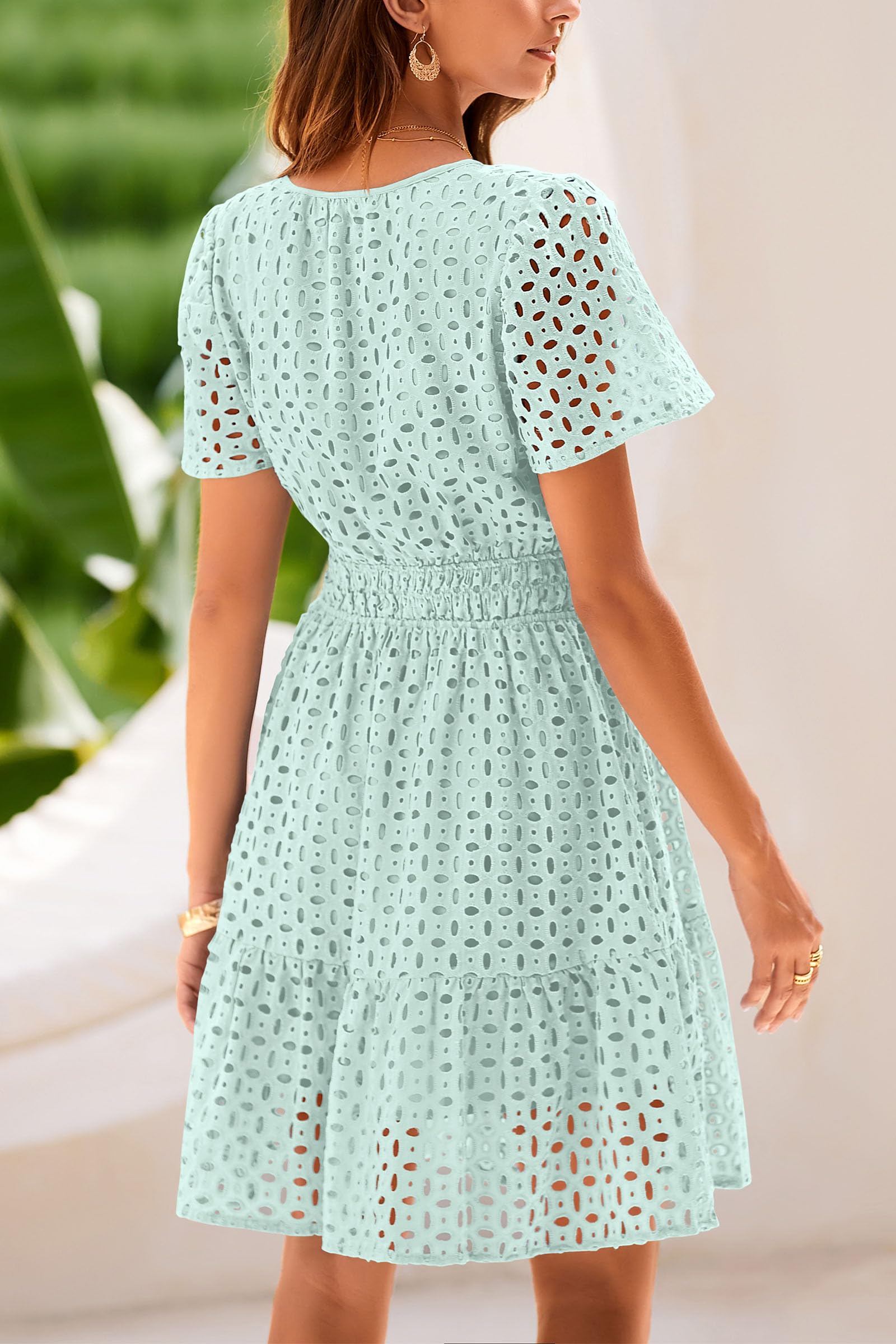 PRETTYGARDEN Womens Summer Short Dress V Neck Short Sleeve A Line Hollow Out Lace Ruffle Cute Casual Beach Party Dresses