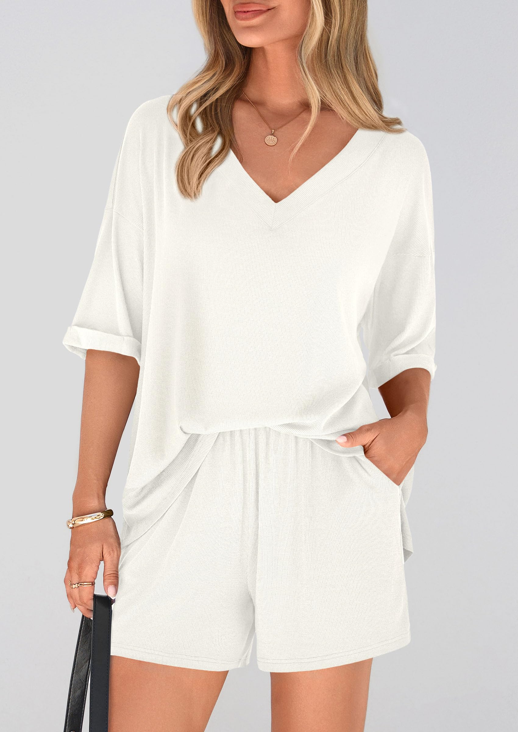PRETTYGARDEN Womens 2 Piece Sets Summer Oversized Vneck Half Sleeve Tops Shorts Lounge Set Casual Travel Airport Outfits