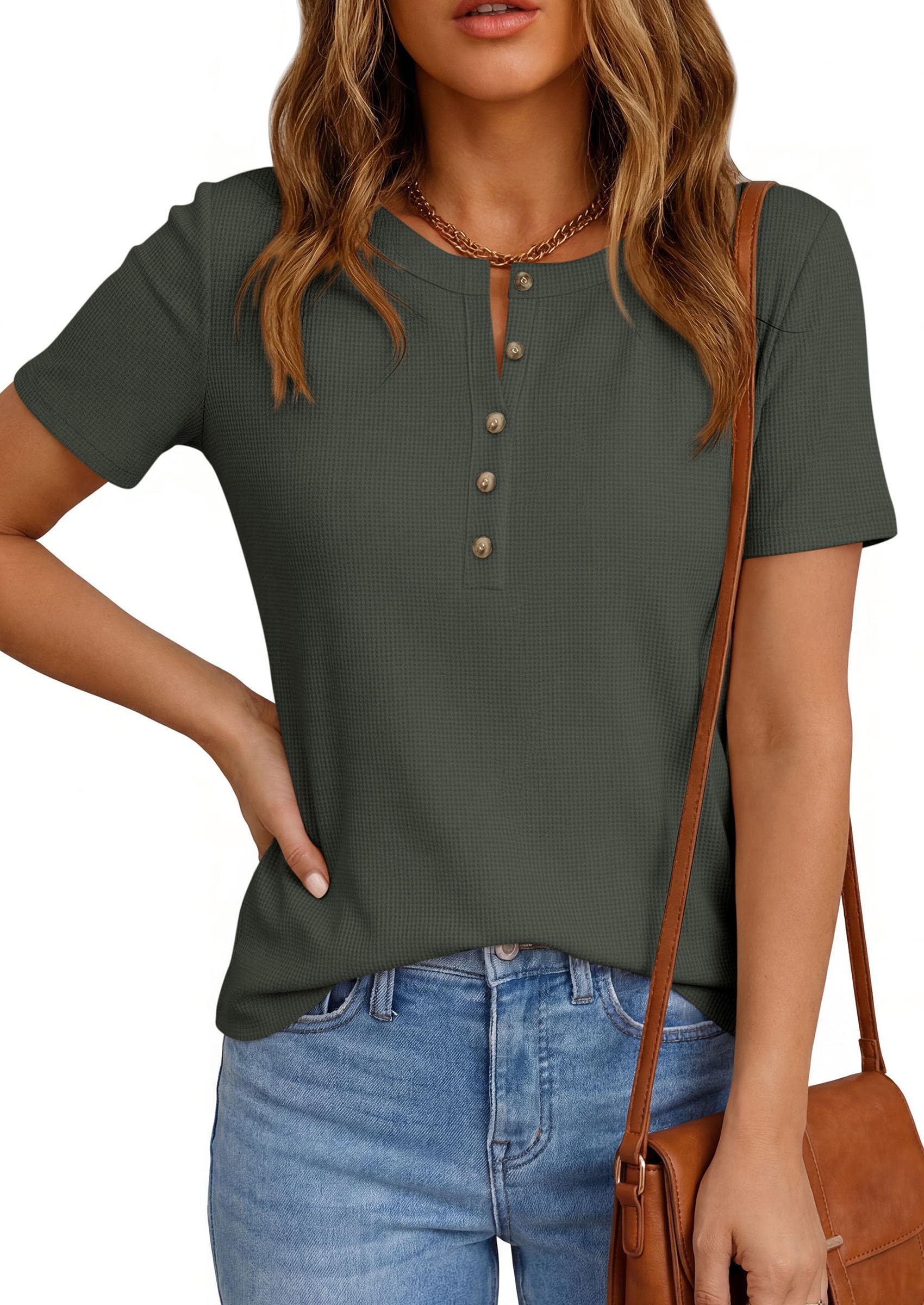 PRETTYGARDEN Waffle Knit Tops for Women Short Sleeve Henley Shirts  Summer Blouses Dressy Casual Spring Fashion Clothes