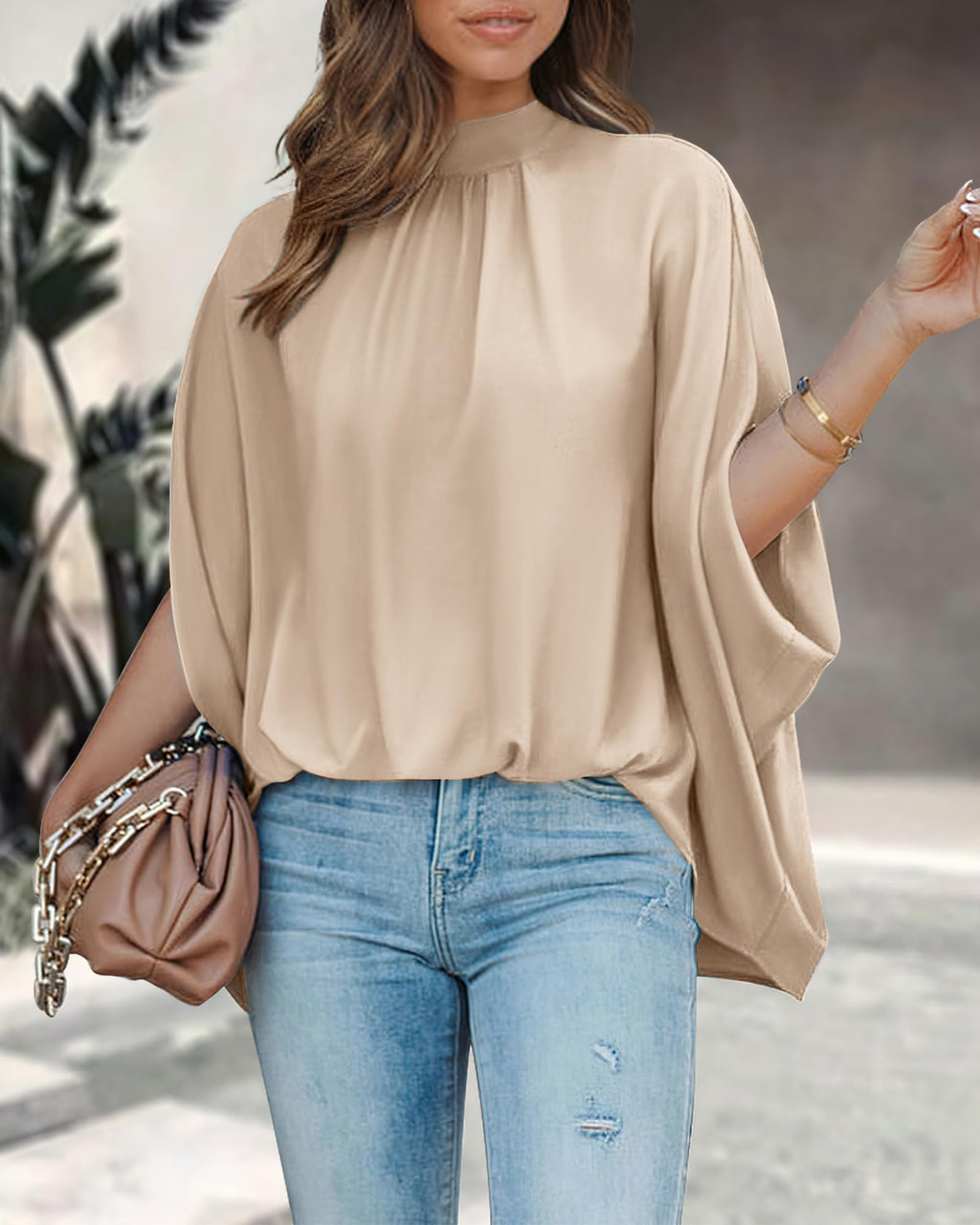 FreshPretty Womens Summer Tops Fall Mock Neck Batwing Sleeve Shirts Loose High Low Hem Oversized Dressy Casual Blouses