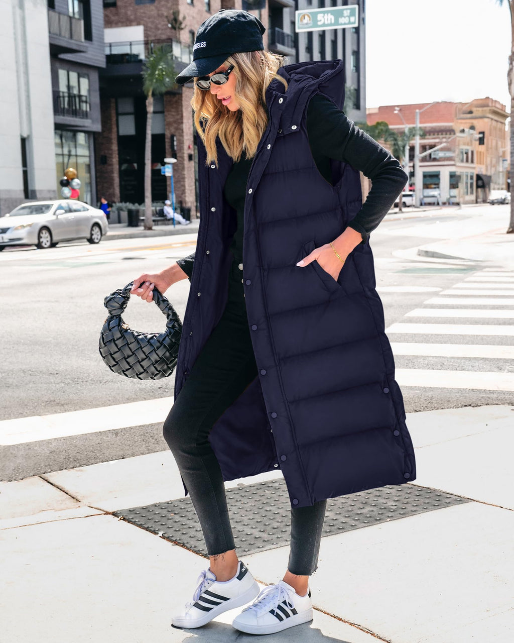 FreshPretty Long Puffer Vest Women Quilted Hooded Button Down Zip Up Sleeveless Vests Outerwear Padded Jacket Fall Winter Coat