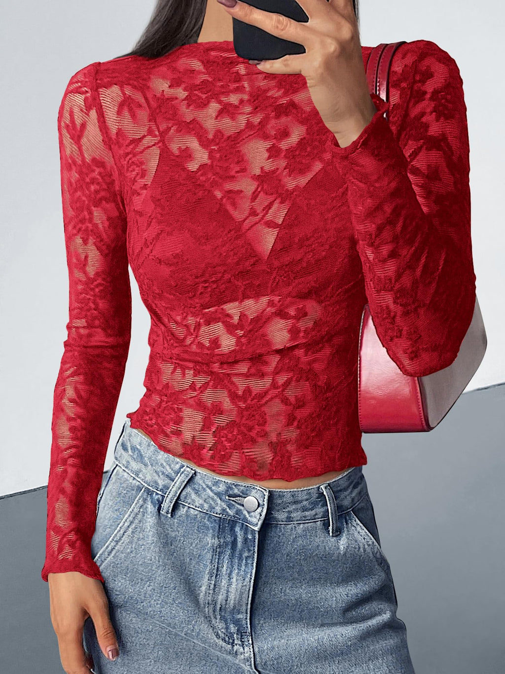 FreshPretty Mesh Long Sleeve Tops for Women Lace Sexy Sheer Tight See Through Crew Neck Spring Fall Party Club Outfits
