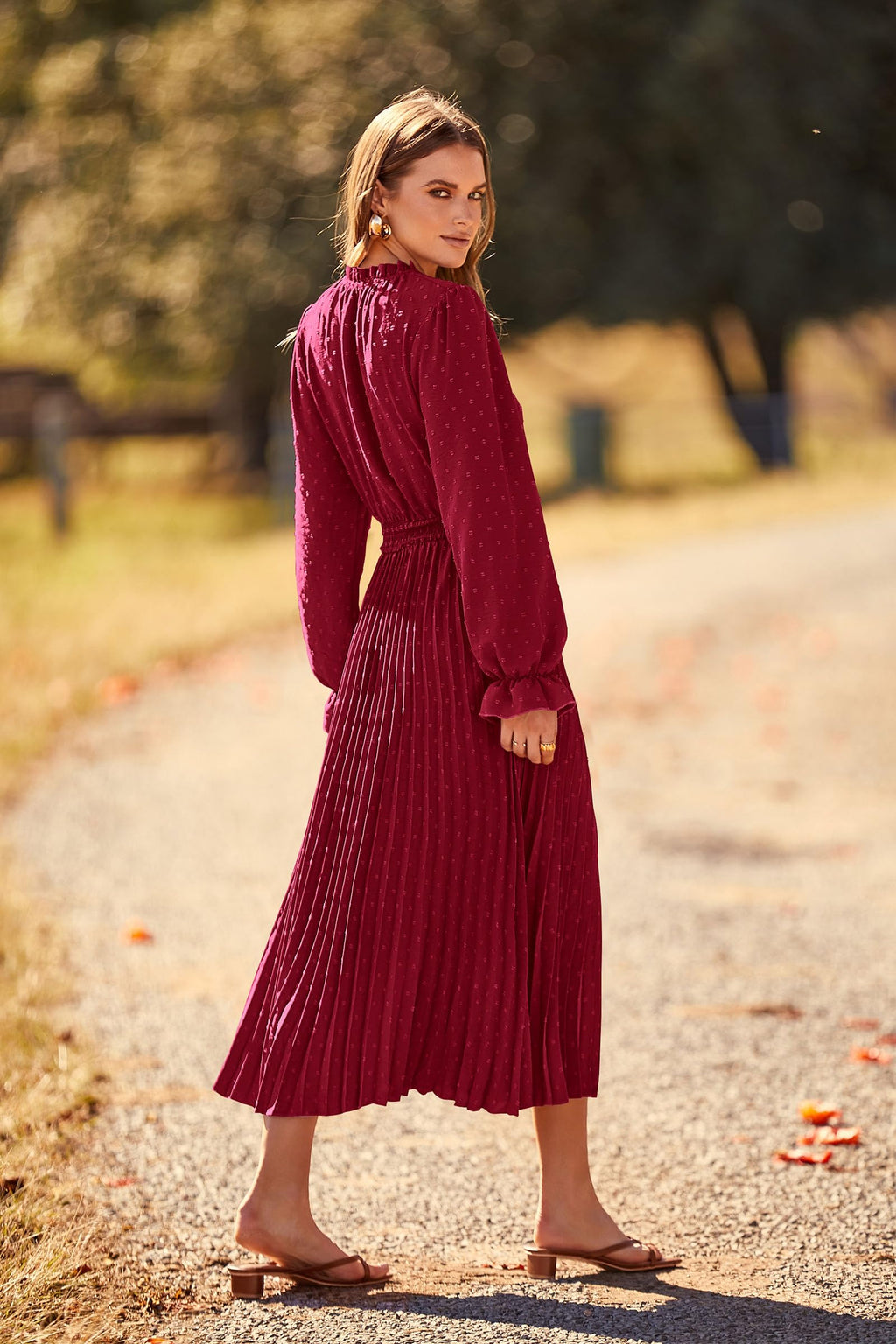 PRETTYGARDEN Women's Spring Fall Midi Dress Casual Long Sleeve V Neck Swiss Dot Pleated A Line Flowy Dresses