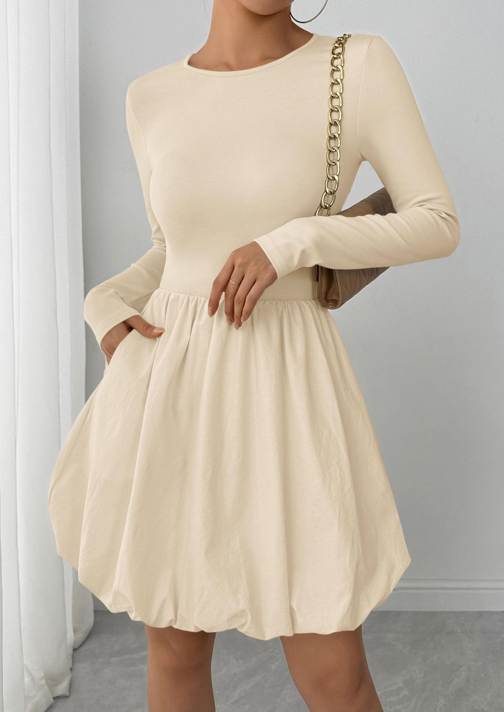 PRETTYGARDEN Fall Dresses for Women Casual Long Sleeve Bubble Cute Crew Neck A Line Mini Short Dress with Pockets
