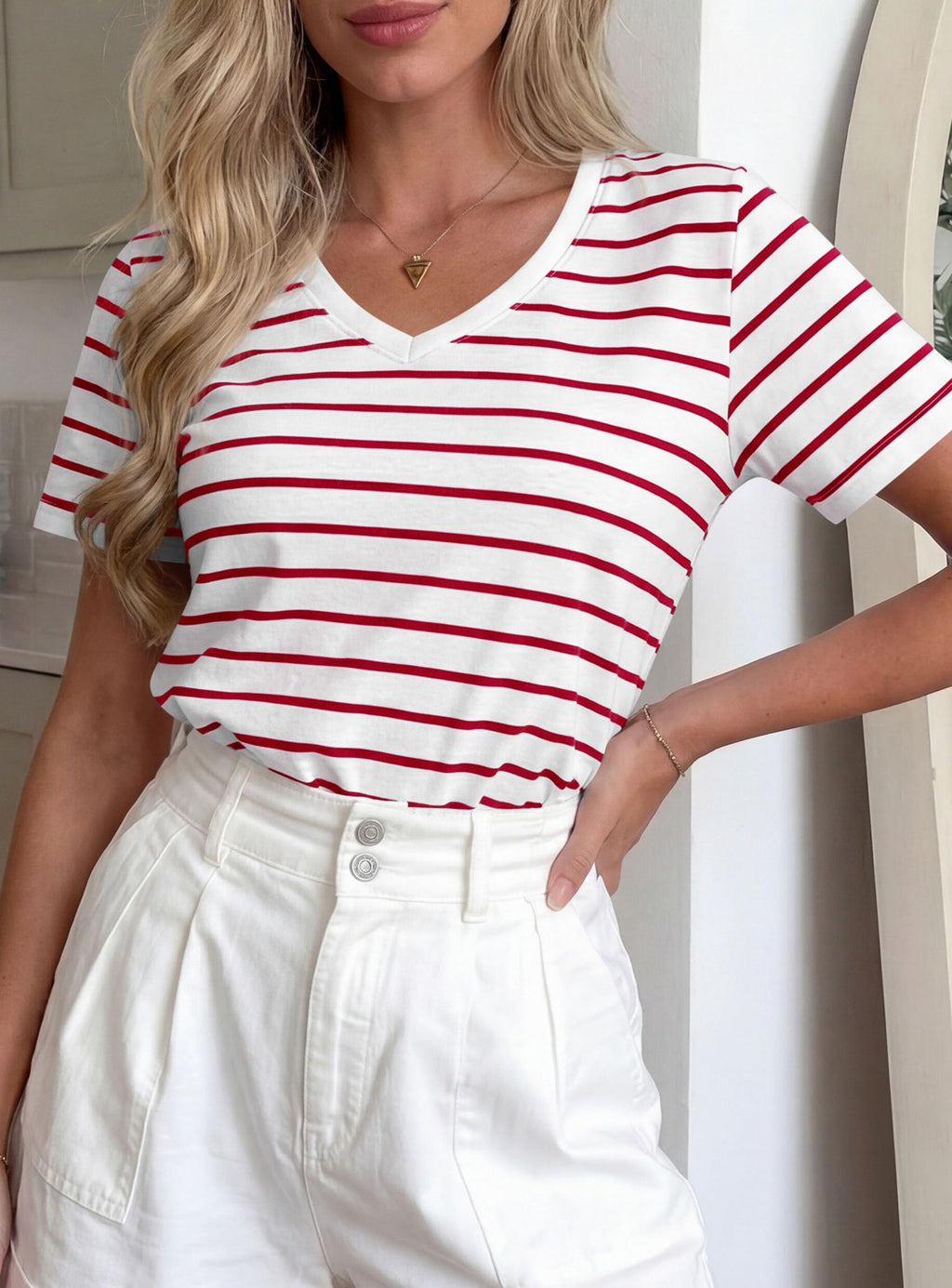 PRETTYGARDEN Short Sleeve Shirts for Women Spring V Neck Cute Tops Casual Striped Shirt Knitted Tees Summer Outfits
