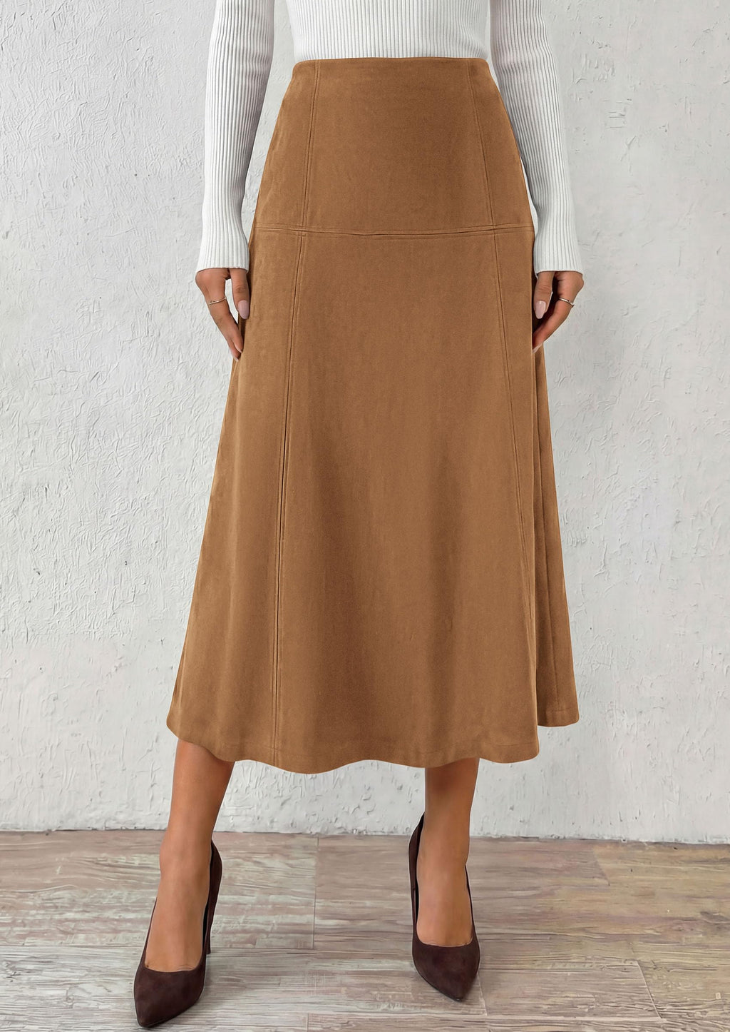 PRETTYGARDEN Womens High Waist Faux Suede A Line Midi Skirt | Hidden Stretch Elastic Waist, Front Back Panel Stitching, Vintage Elegant Mid-Calf Long Skirts for Fall Winter Office Daily