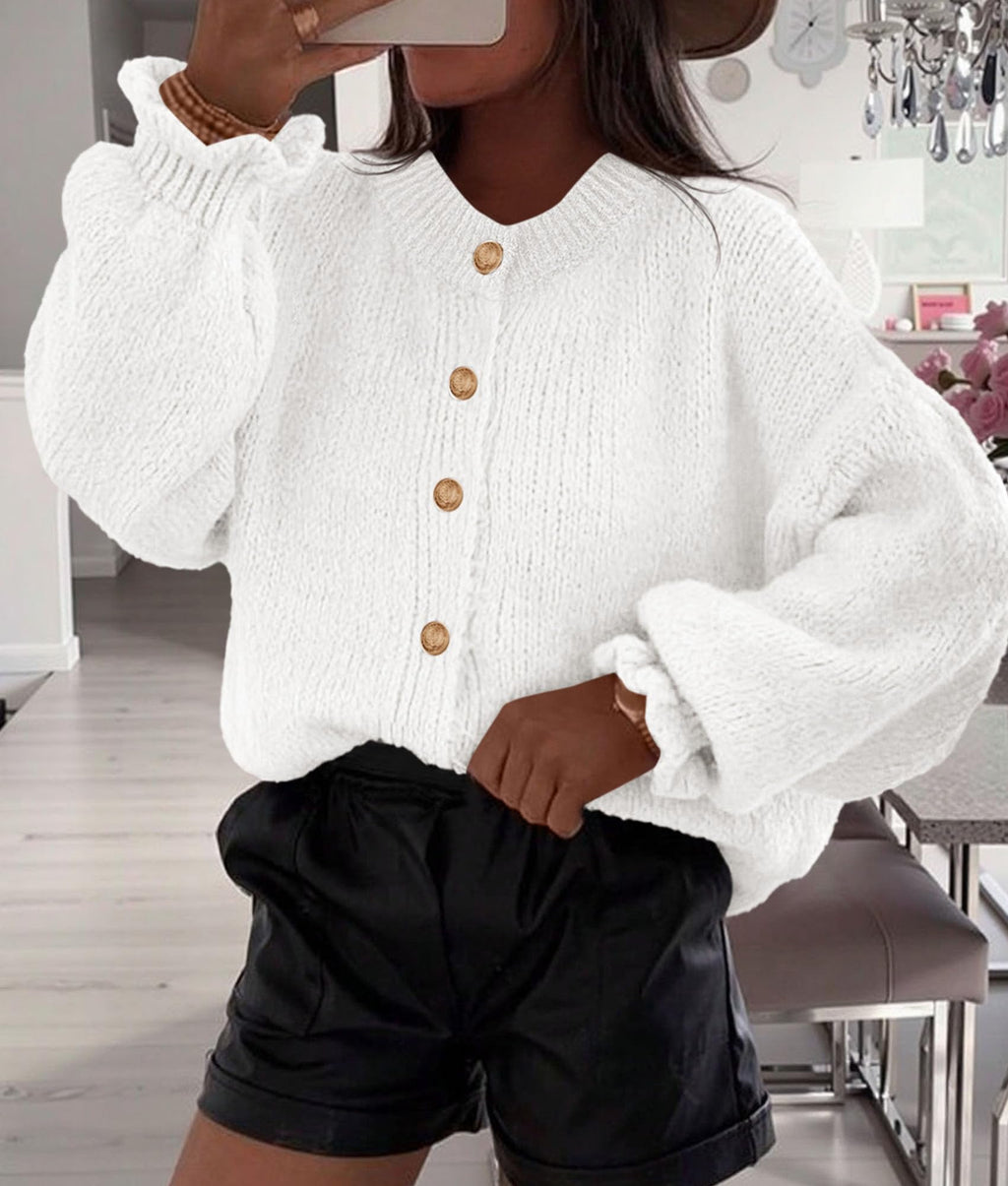 PRETTYGARDEN Womens Cropped Cardigans Trendy Ruffle Open Front Chunky Knit Sweater Oversized Button Down Fall Clothes