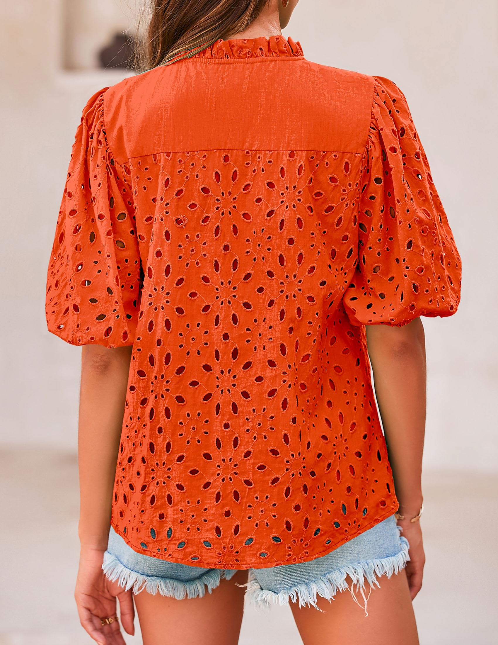PRETTYGARDEN Women's Summer Tops Dressy Casual Short Sleeve V Neck Buttons Hollow Out Lace Embroidered Blouses Shirts