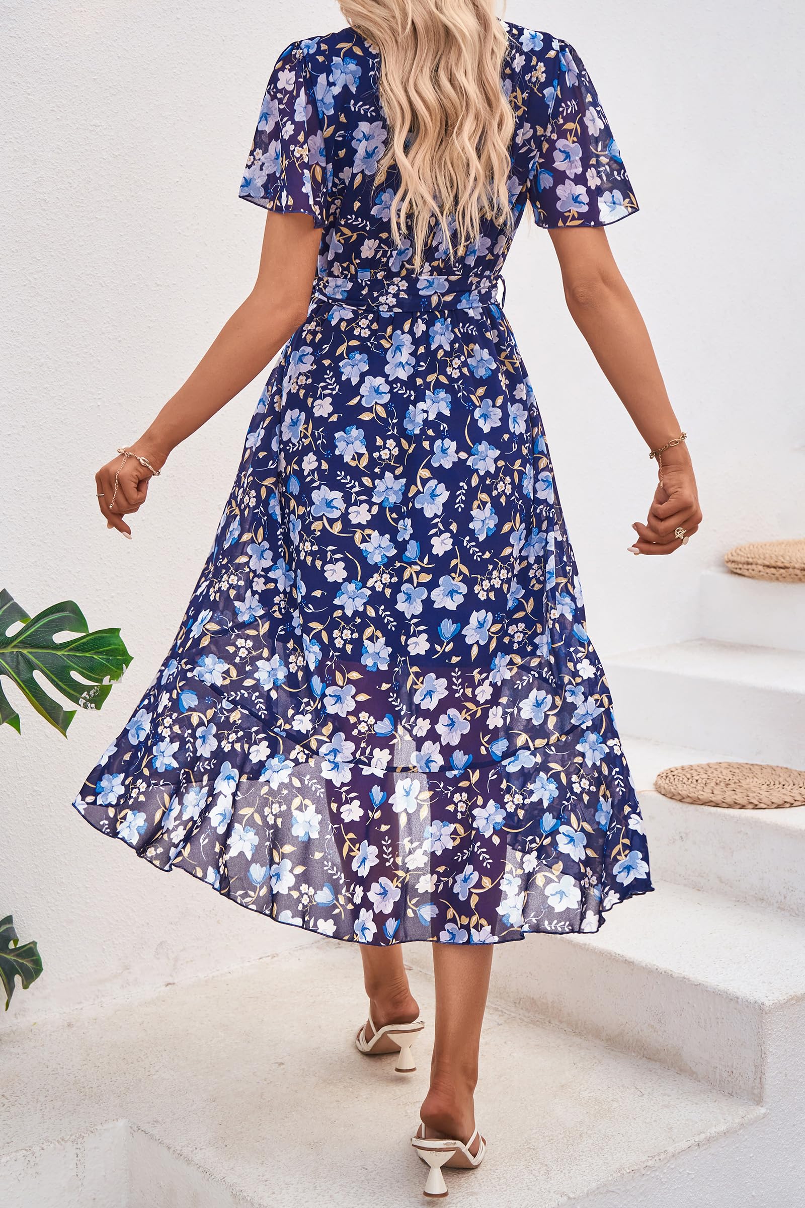 PRETTYGARDEN Women's Summer Floral Boho Maxi Dress Wrap Short Sleeve V Neck Ruffle A-Line Flowy Wedding Guest Long Dresses