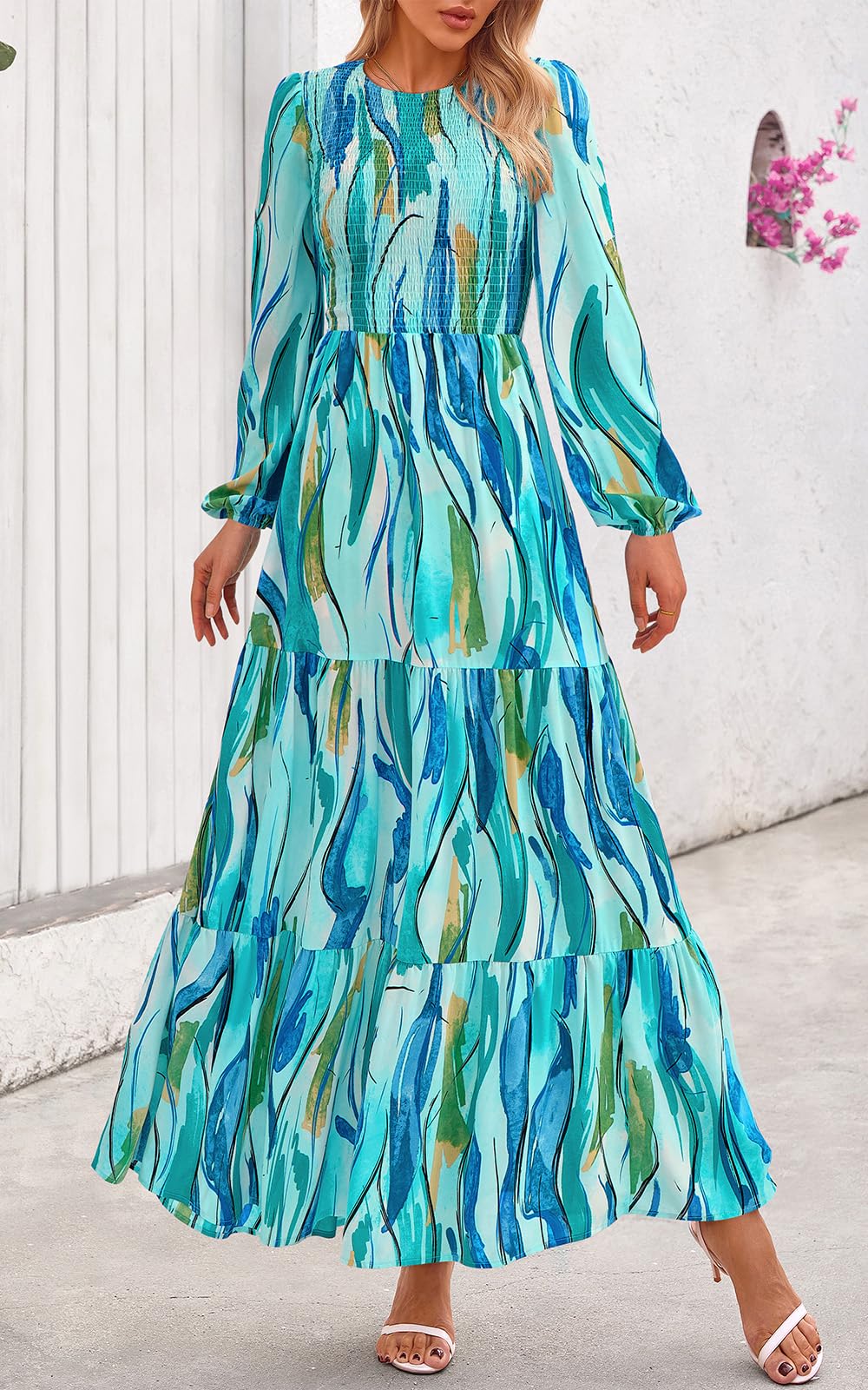 PRETTYGARDEN Women's Fall Dresses Long Sleeve Flowy Casual Floral Maxi Dress Crew Neck Smocked Tiered Long Dress