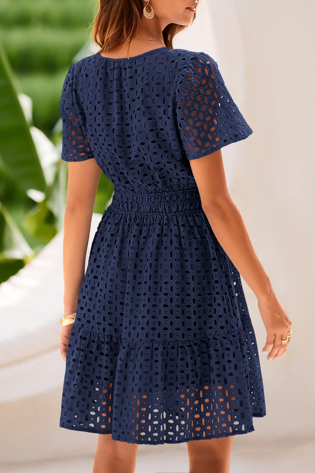 PRETTYGARDEN Womens Summer Short Dress V Neck Short Sleeve A Line Hollow Out Lace Ruffle Cute Casual Beach Party Dresses