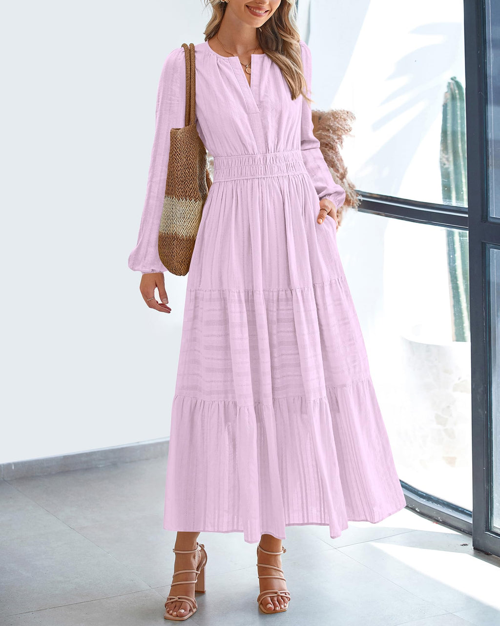 BTFBM Spring Dresses for Women 2026 Casual Long Sleeve V Neck Elastic Waist Lightweight Maxi Wedding Guest Dress Pockets