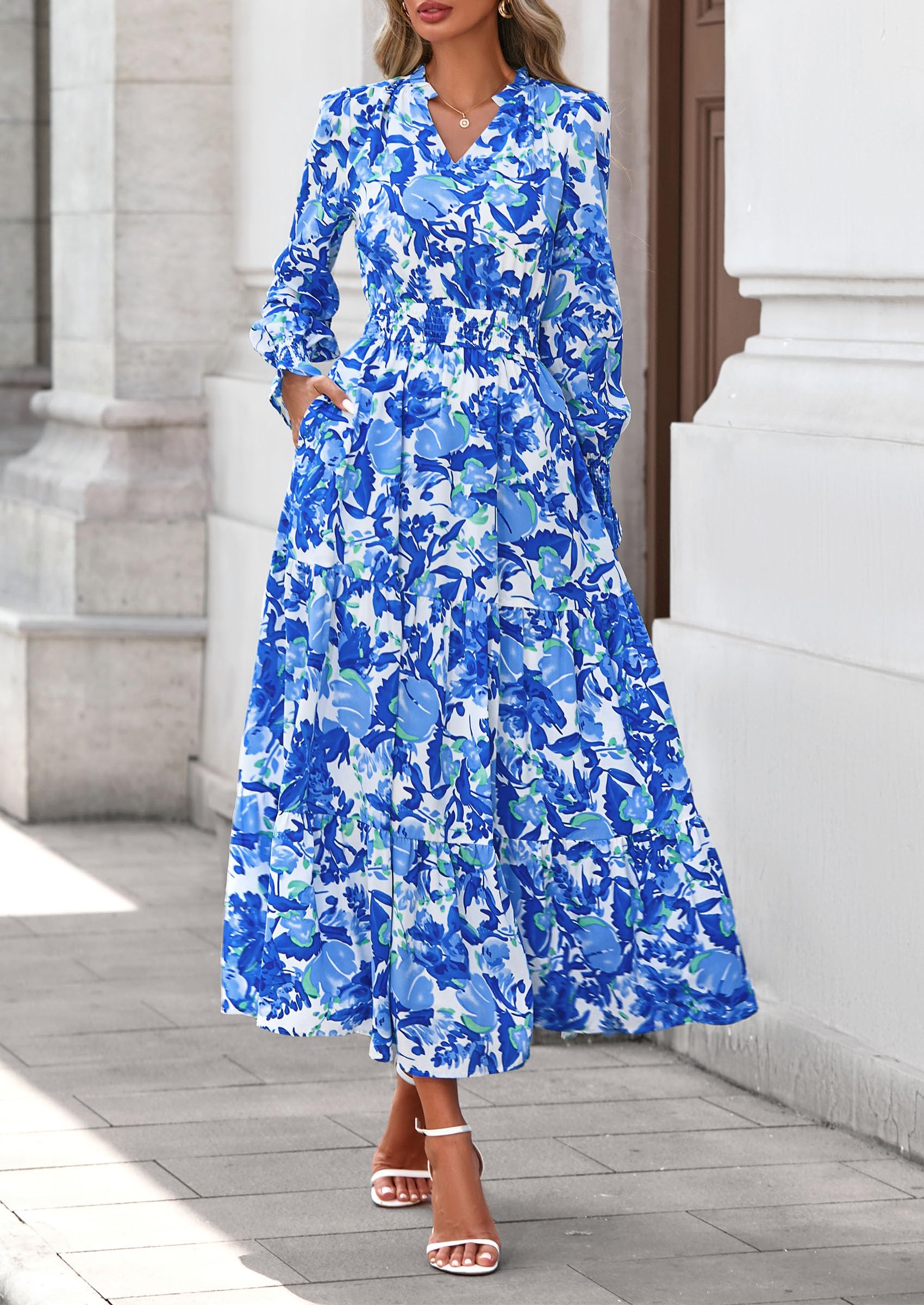 PRETTYGARDEN Women's Floral Maxi Dress Fall Long Sleeve V Neck Casual A Line Long Flowy Boho Party Dresses