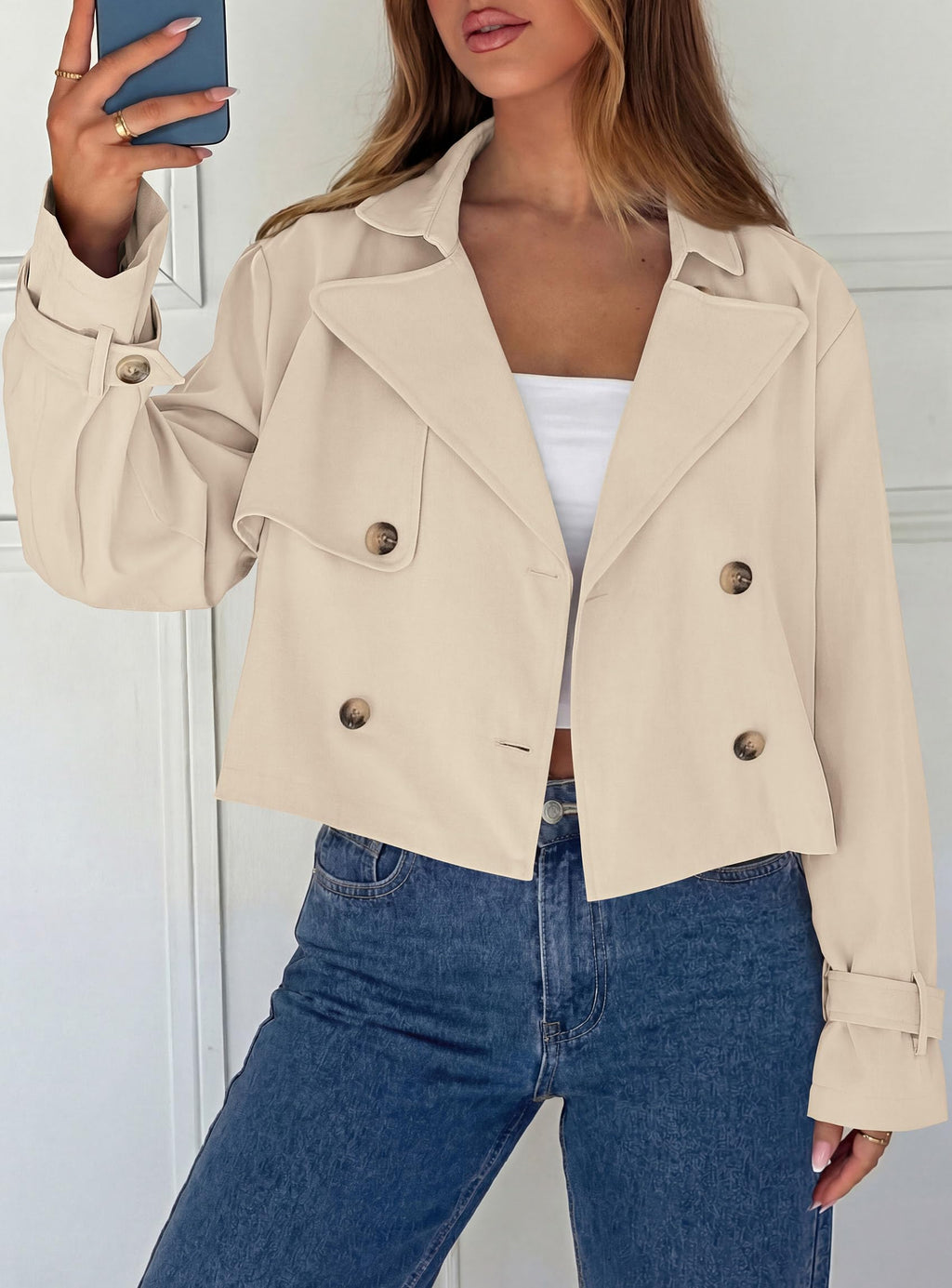PRETTYGARDEN Cropped Trench Coat For Women Short Jacket,Soft Lightweight Coats, Lapel Double Breasted, Long Sleeve Loose Fit, Casual Work Office Jackets, Fall Winter Outwear