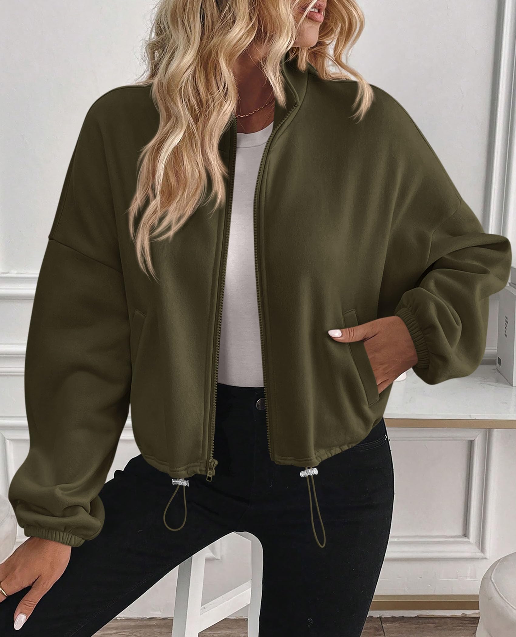 PRETTYGARDEN Womens Zip Up Fleece Cropped Sweatshirt Jacket Oversized Loose Soft Stand Collar with Drawstring Hem, Long Sleeve Casual Coat With Pockets, Fall Outfits Winter Clothing