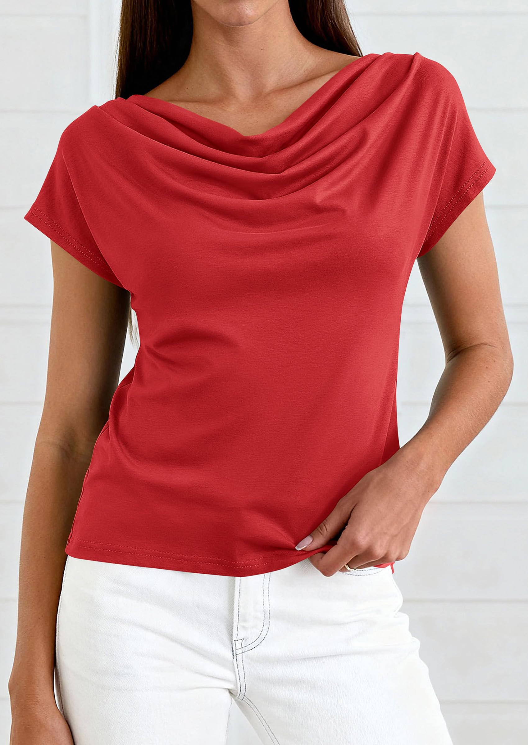 PRETTYGARDEN Womens Tops Dressy Casual Clothing Summer Cowl Neck Short Sleeve Blouses Spring Business Work Office Shirts