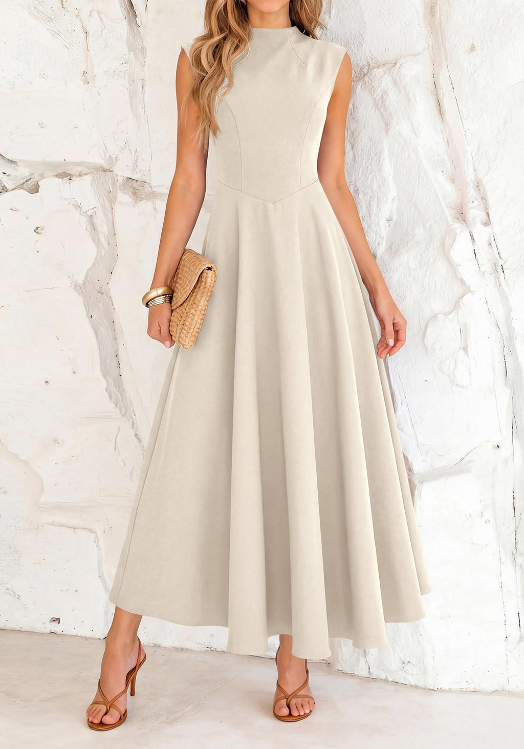 BTFBM Summer Dresses for Women Mock Neck Sleeveless High Waist Flowy Aline Maxi Spring Wedding Guest Dress Cocktail
