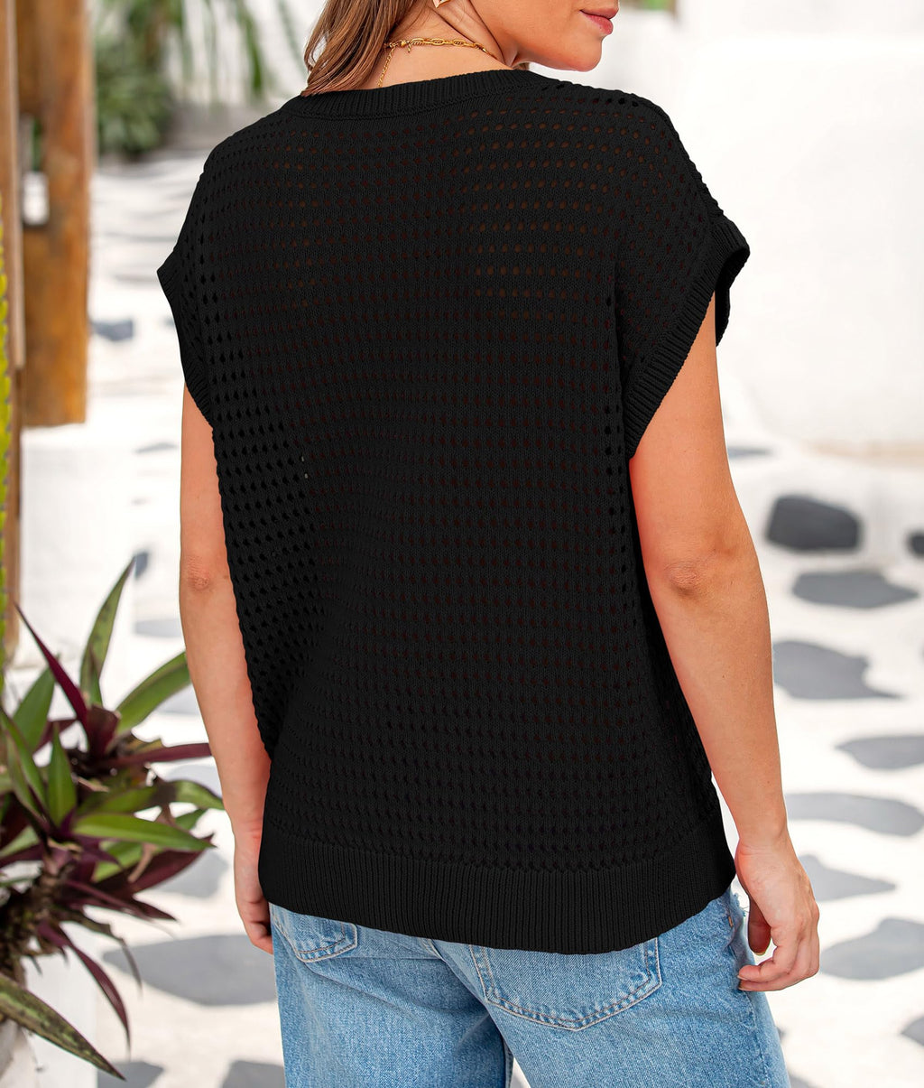 PRETTYGARDEN Womens Spring Tops Summer Shirts Crochet Cap Sleeve Sweater Pullover Cute Beach Vacation Clothes