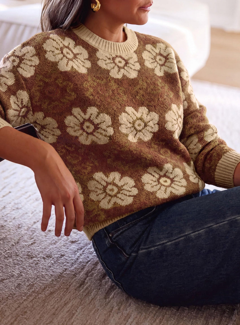 PRETTYGARDEN Women's Floral Crewneck Sweater Knit Pullover Loose Fit, Chunky Knit Sweaters Tops, Dressy Casual Work Vacation Holiday Outfits, Womens Fall Fashion, Winter Clothes