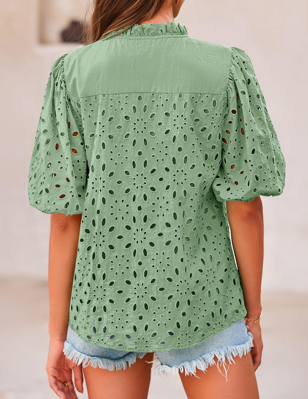 PRETTYGARDEN Women's Summer Tops Dressy Casual Short Sleeve V Neck Buttons Hollow Out Lace Embroidered Blouses Shirts