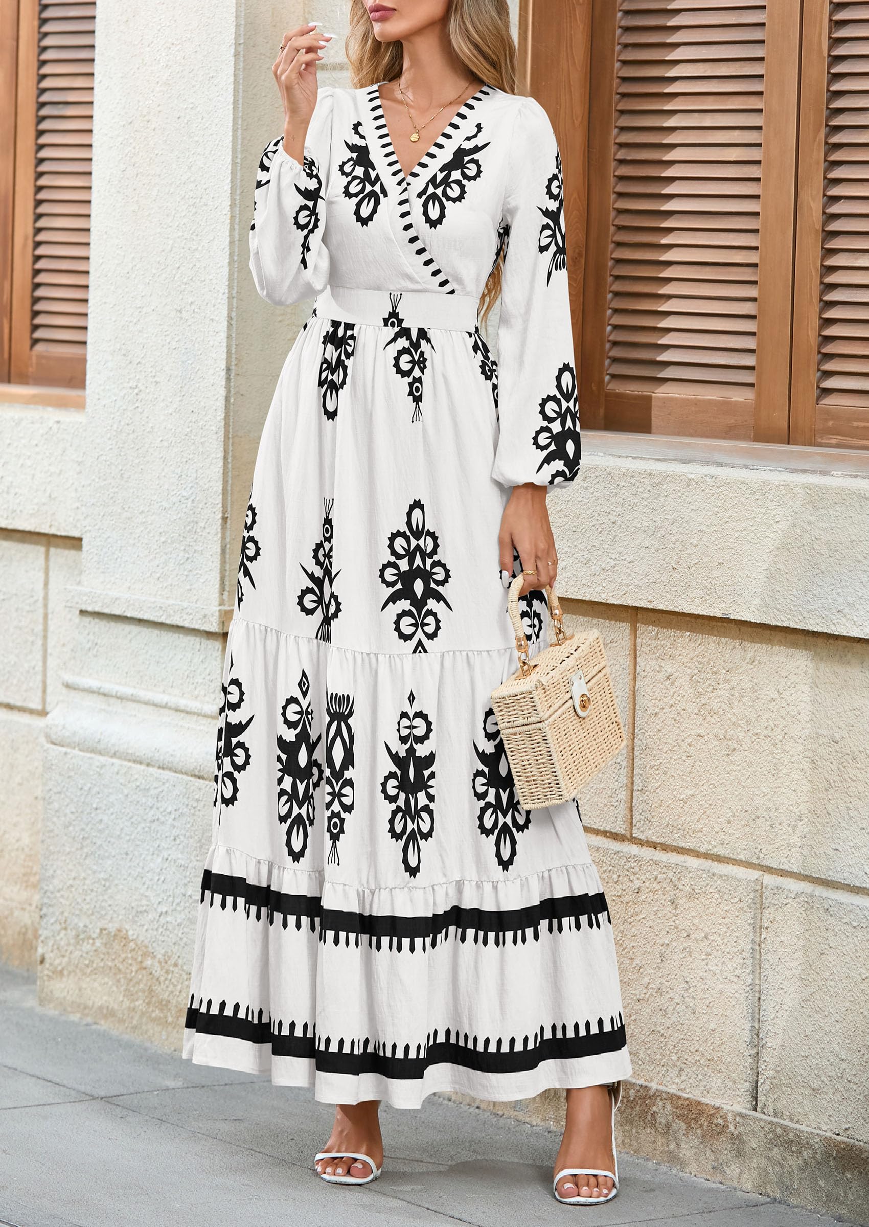 PRETTYGARDEN Women's Fall Wedding Guest Dresses Boho Floral Long Sleeve V Neck Flowy Elegant Maxi Dress Beach Clothes