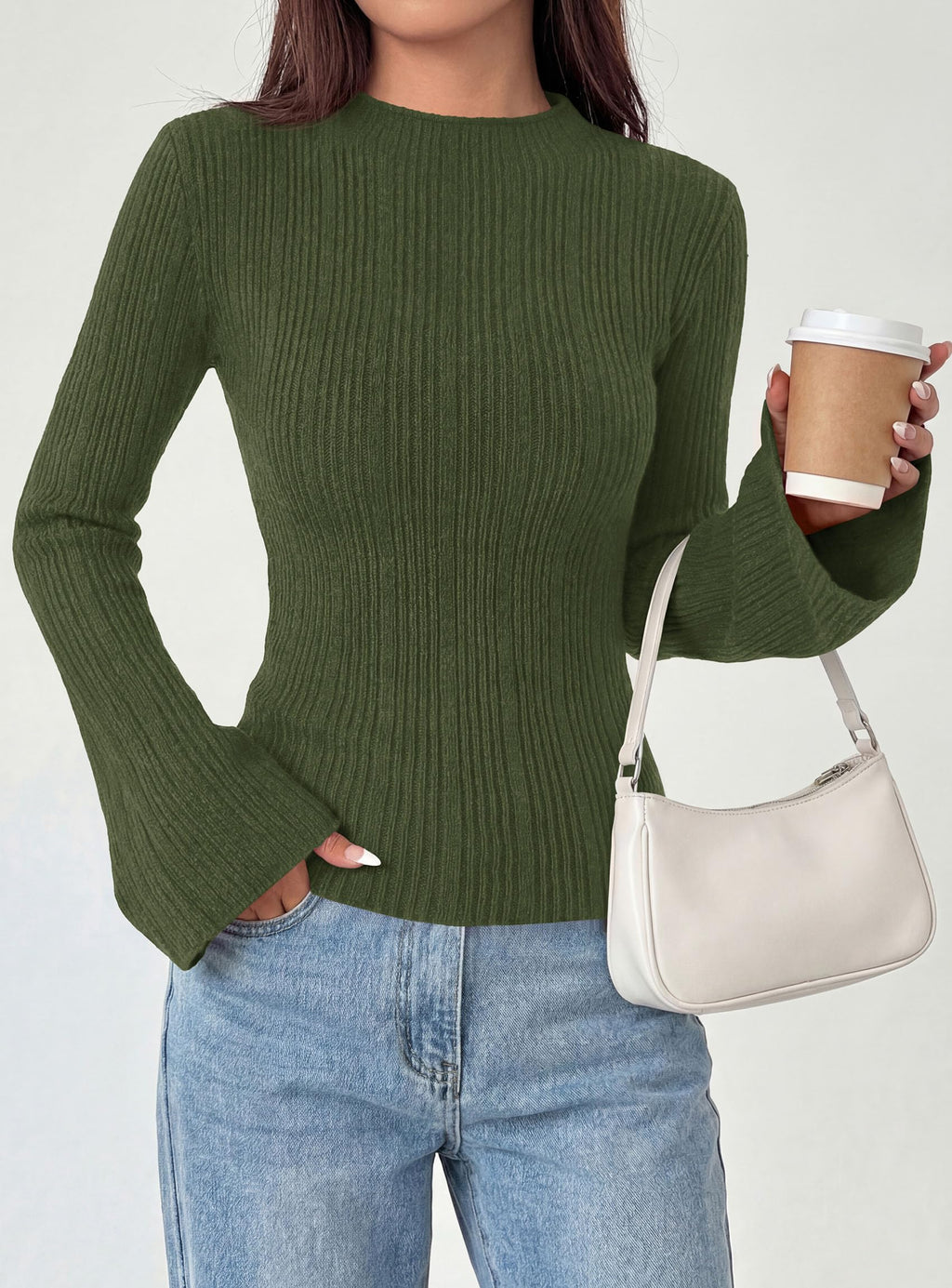 PRETTYGARDEN Women's Lightweight Mock Neck Sweaters | Bell Long Sleeve Tops, Slim Fitted Pullover, Soft Ribbed Knit, Going Out Outfits, Fall Winter Layering, Fashion Clothing