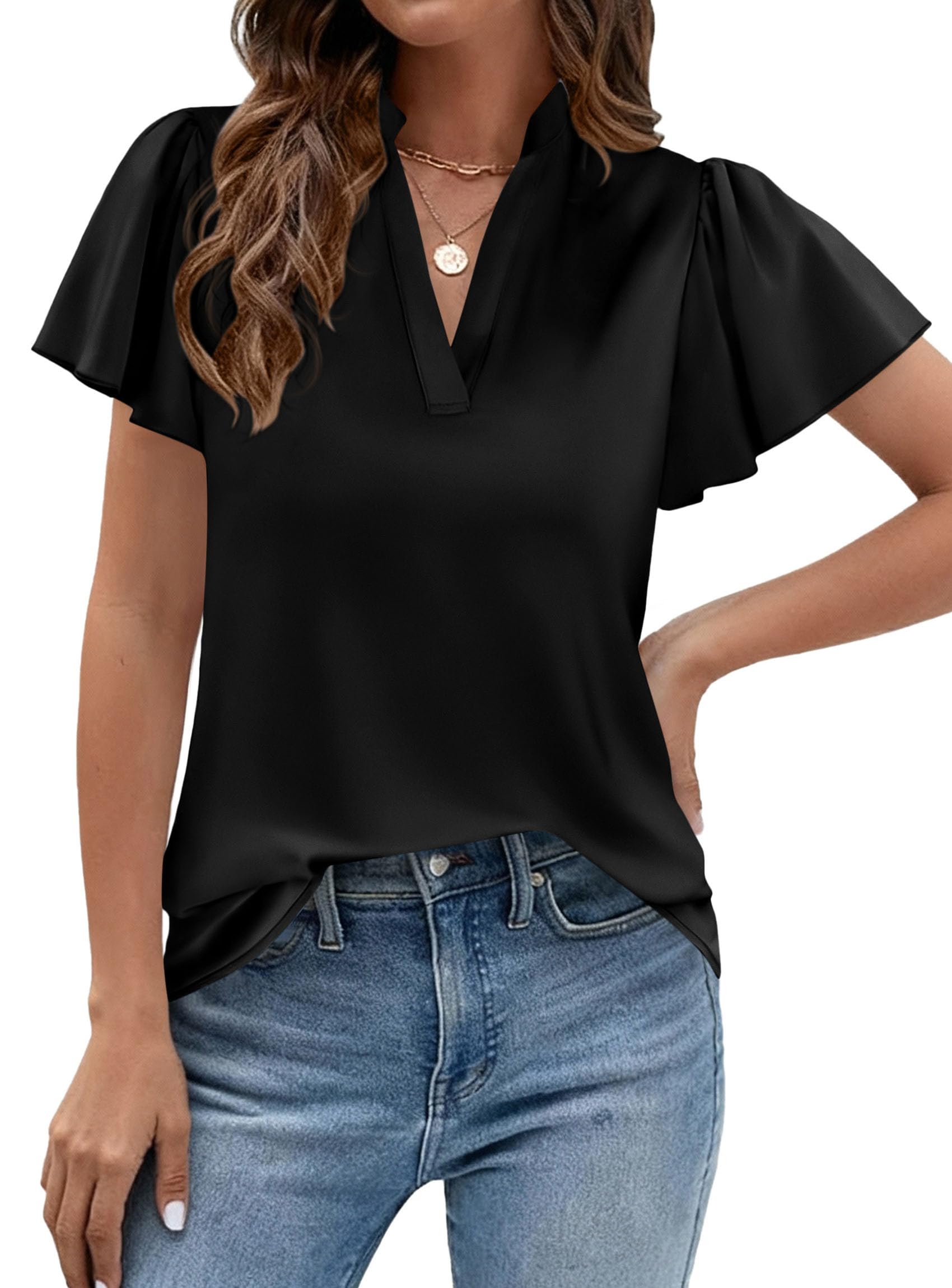 PRETTYGARDEN Women's Summer Satin Blouses Dressy Casual Ruffle Cap Sleeve V Neck Business Work Cute Tops Spring Outfits