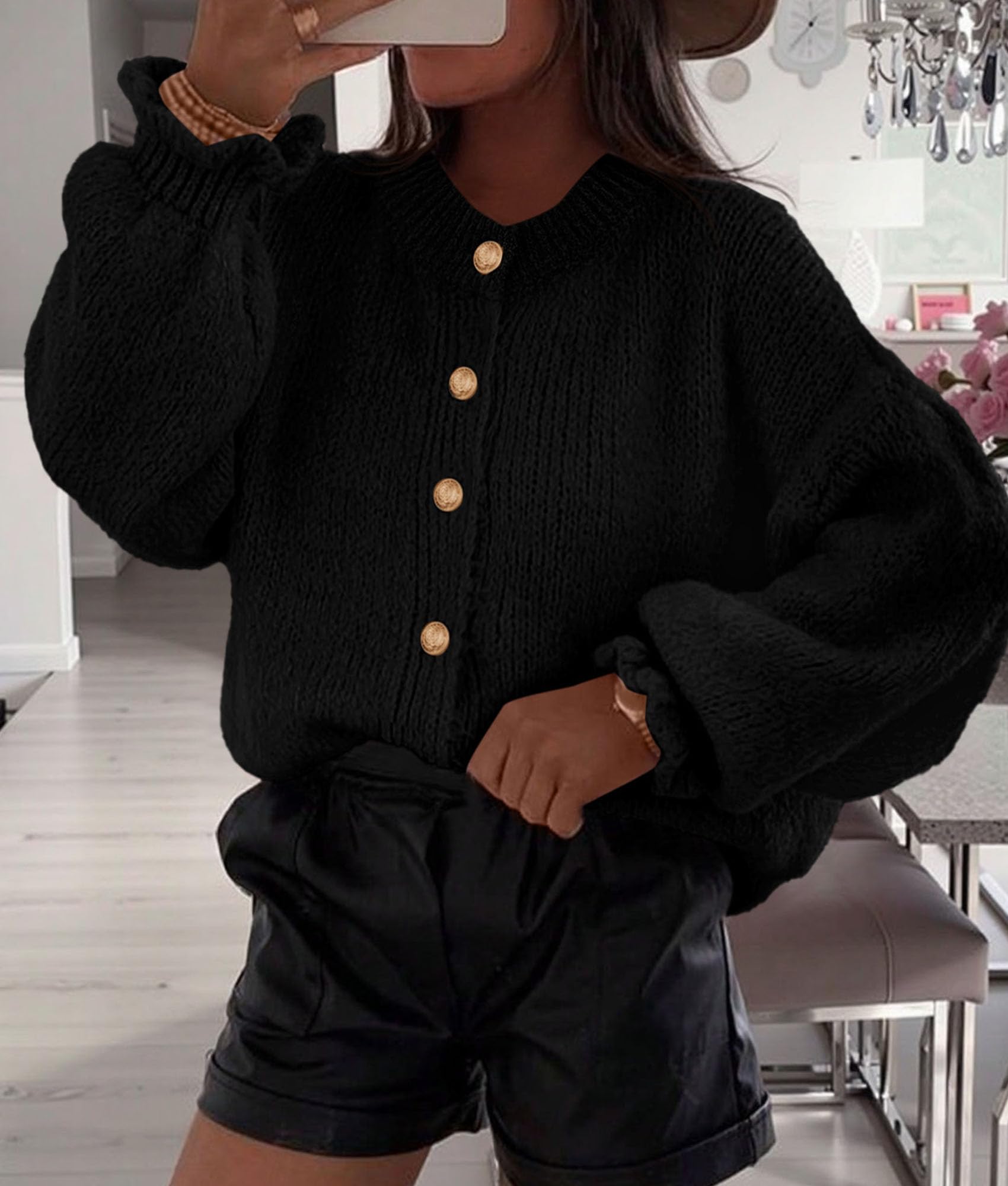 PRETTYGARDEN Womens Cropped Cardigans Trendy Ruffle Open Front Chunky Knit Sweater Oversized Button Down Fall Clothes