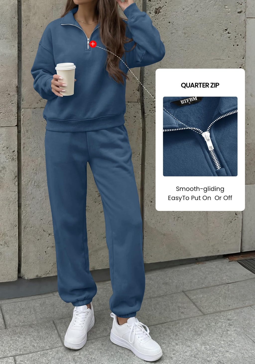 BTFBM Womens 2 Piece Outfits Sweatsuit Fleece Lounge Sets Quarter Zip Pullover Sweatshirt,Baggy Jogger Sweatpants,Fall Fashion Clothing,Airport Travel Matching Sweat Set