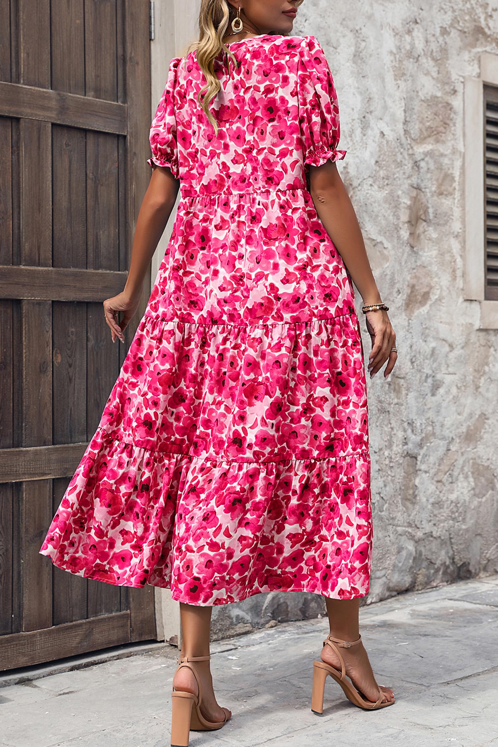 PRETTYGARDEN Summer Dresses for Women Casual Floral Boho Midi Sun Dress Puff Short Sleeve Flowy Beach Vacation Sundress