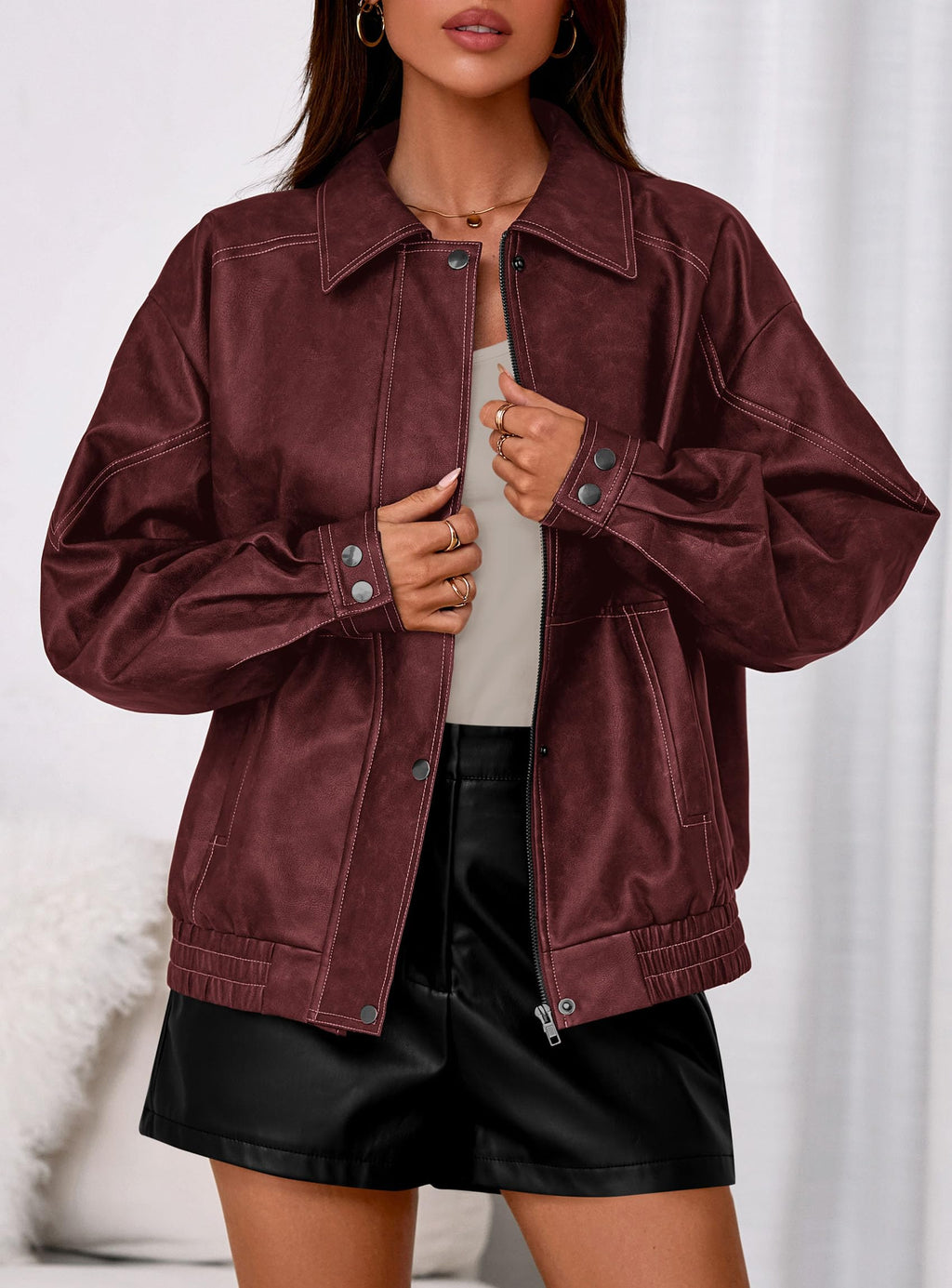 PRETTYGARDEN Faux Leather Jacket Women Bomber Motorcycle Zip Up Jackets Oversized Fall Fashion Outfits  Winter Coats