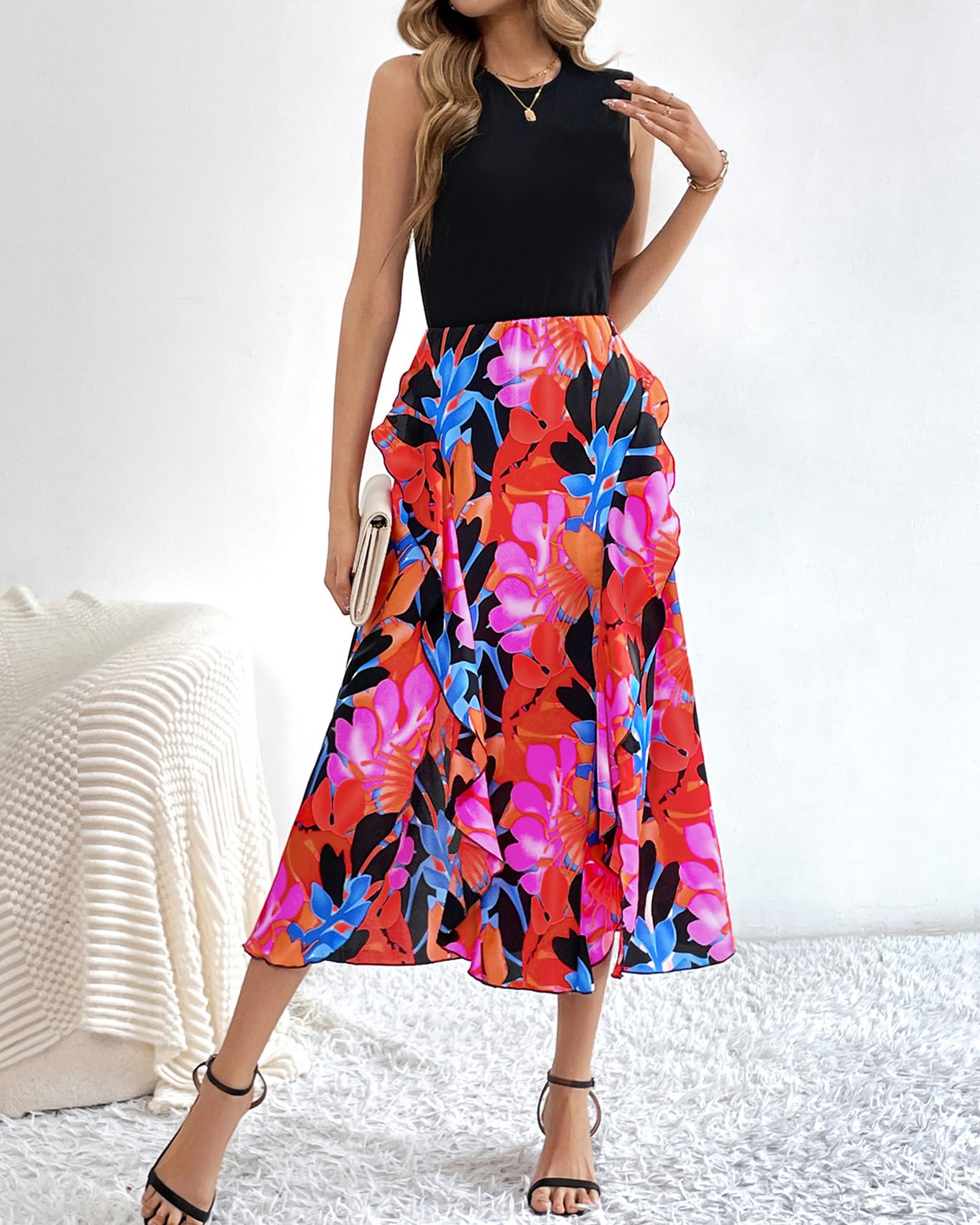 FreshPretty Women Casual Sleeveless Summer Dresses Spring Crewneck Patchwork Boho Floral Ruffle Cocktail Party Midi Dress