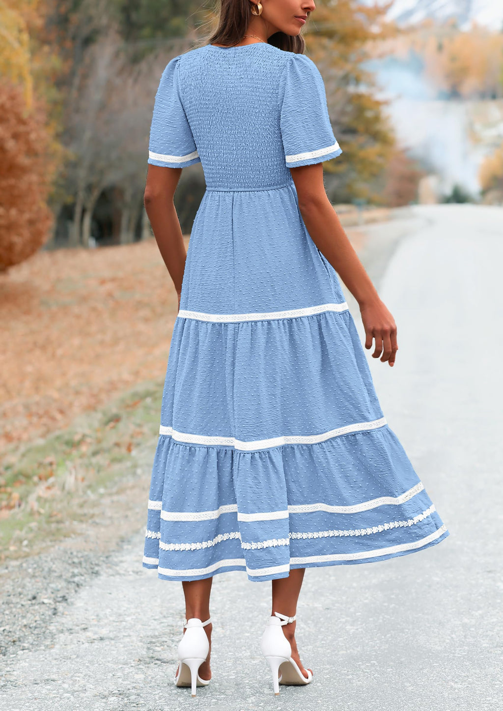 PRETTYGARDEN Women's Casual Summer Maxi Dress Short Sleeve Swiss Dot V Neck Smocked Long Flowy Beach Dresses