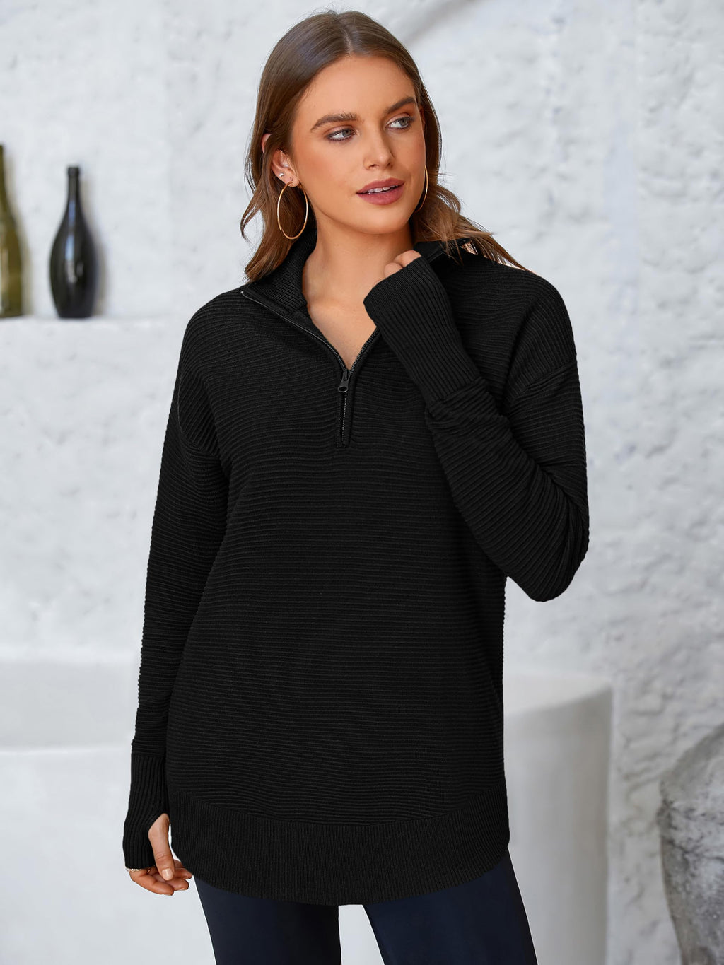 PRETTYGARDEN Womens Long Sleeve Quarter Zip Pullover Sweater Casual Loose V Neck Collared Ribbed Knit Jumper Tops Thumb Hole