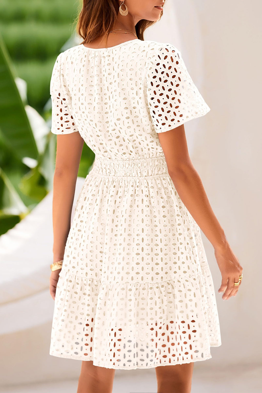 PRETTYGARDEN Womens Summer Short Dress V Neck Short Sleeve A Line Hollow Out Lace Ruffle Cute Casual Beach Party Dresses