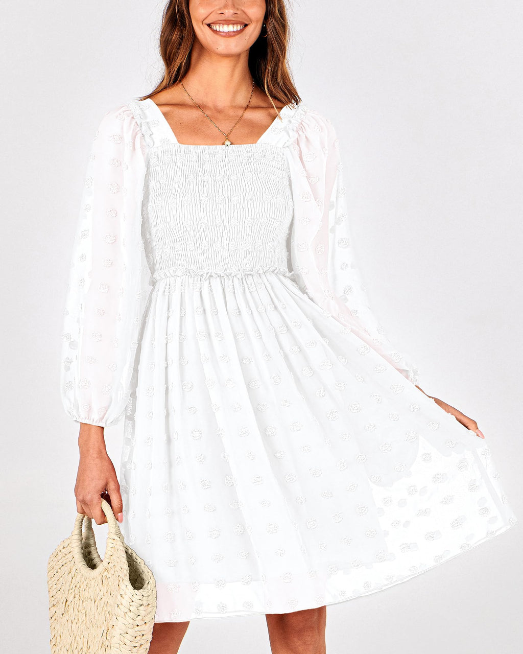 BTFBM Womens Long Sleeve Dress Summer Vacation Square Neck Smocked Floral Mini Boho Spring Wedding Guest Dresses